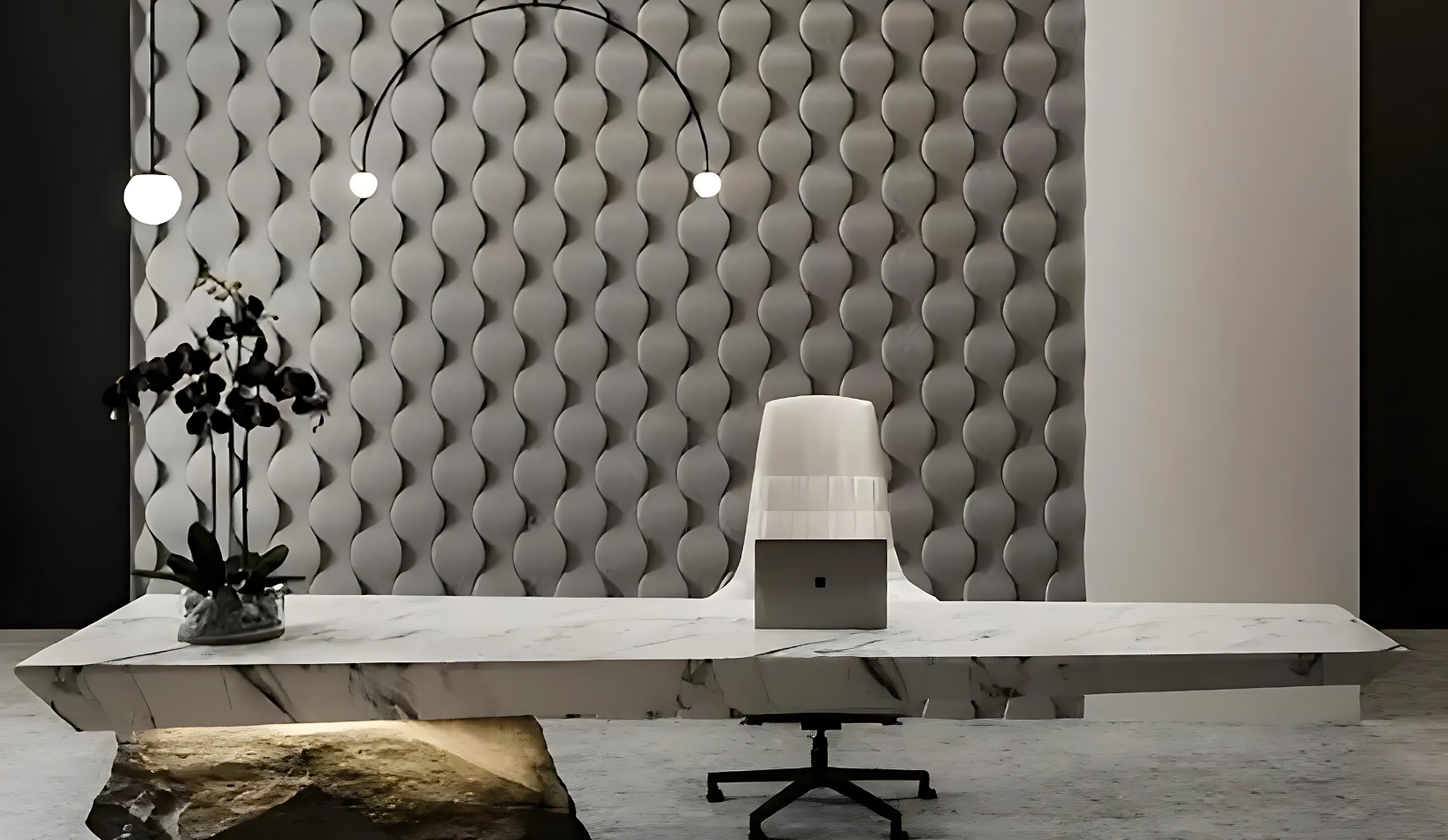 3D gypsum wall panel feature wall scaled in a home office render