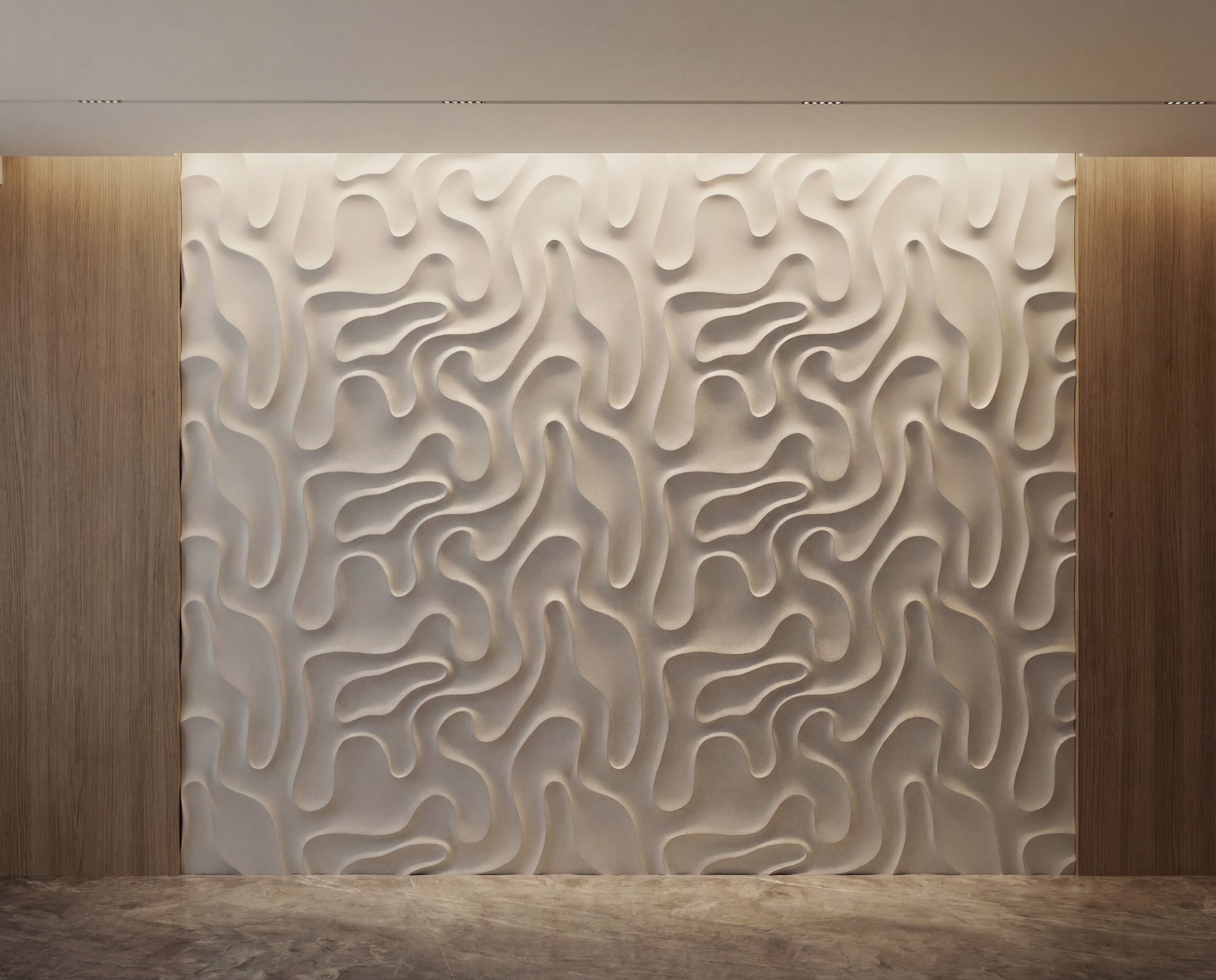 3D gypsum wall panels next to 3D wall tiles — comparison of relief depth and seams