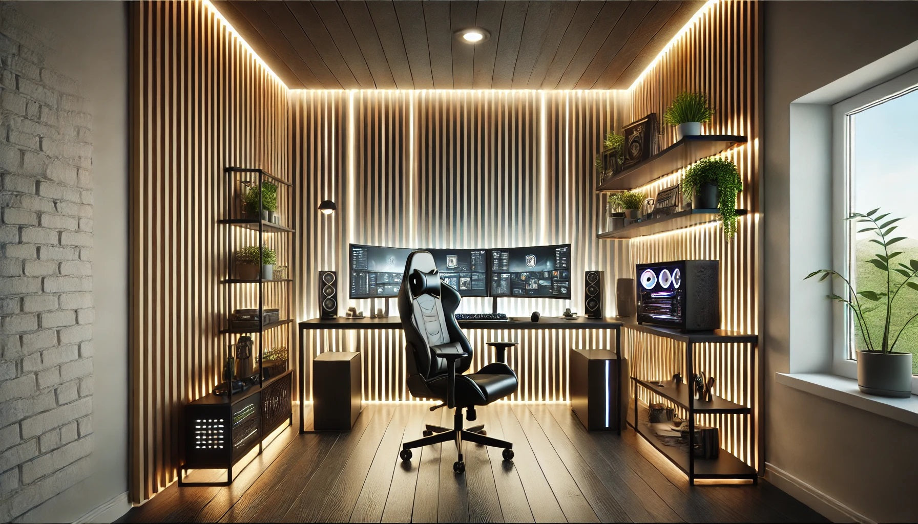 Refined gaming room design with 3D gypsum wall panels and ambient light