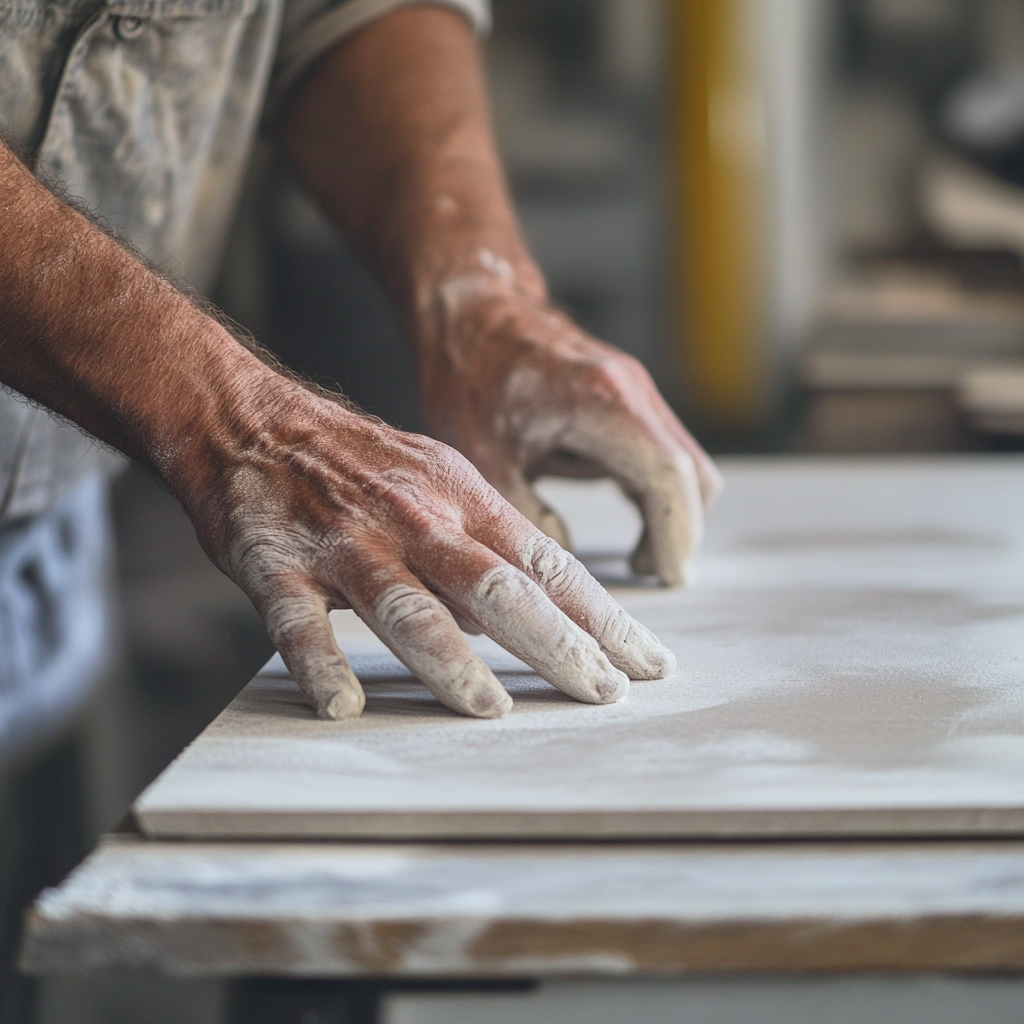 Gypsum workshop with plaster moulds and finished 3D panel samples