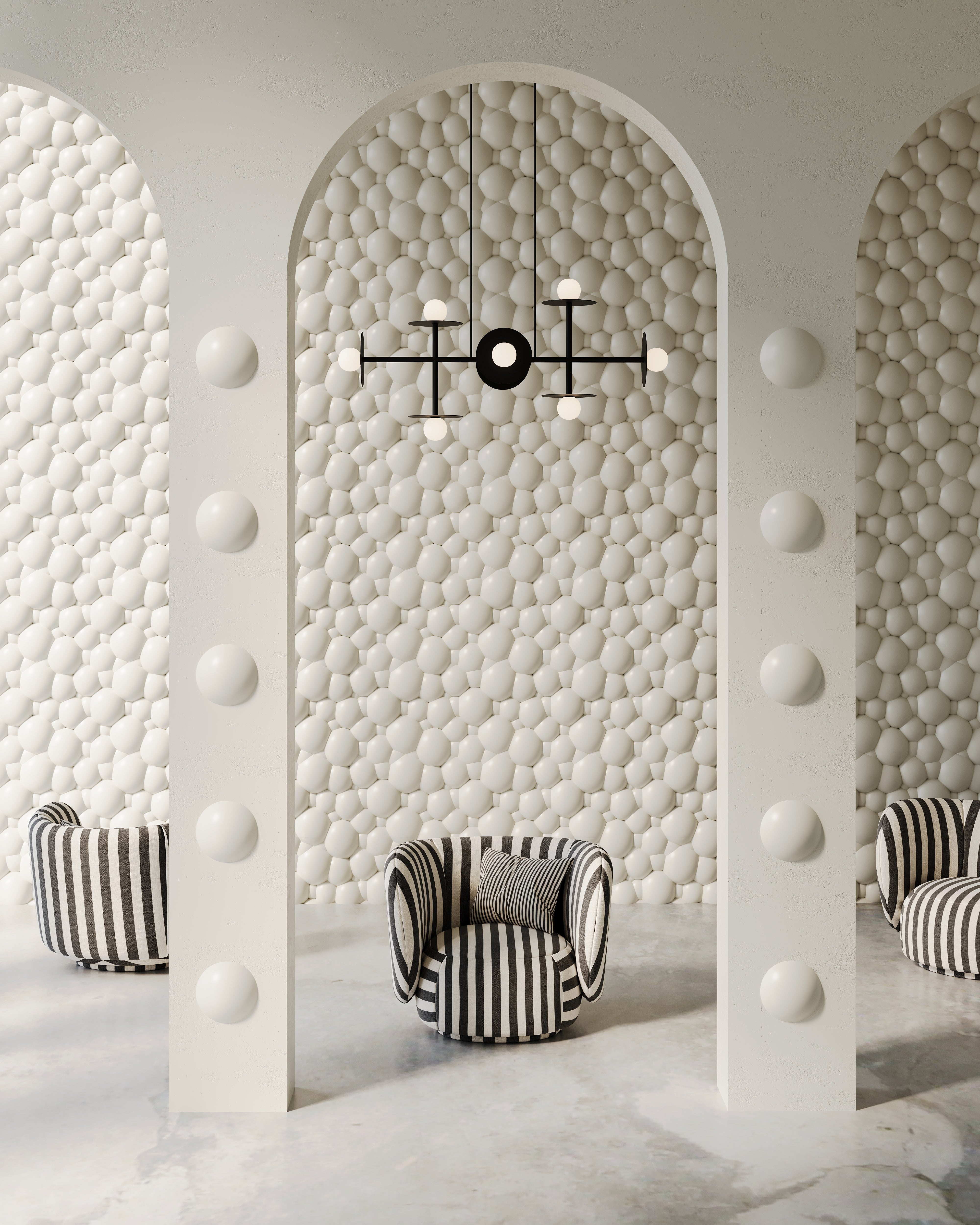 Image features an interior design of a residential or commercial space with backdrop wall and arches made of 3d wall panels from plaster. The interior is modern and luxurious, featuring whimsical modern furniture. 3D wall panels have a high-end porcelain plaster finish effect and bubble or foam-like organic pattern. Interior is in subtle white grey and beige colors.
