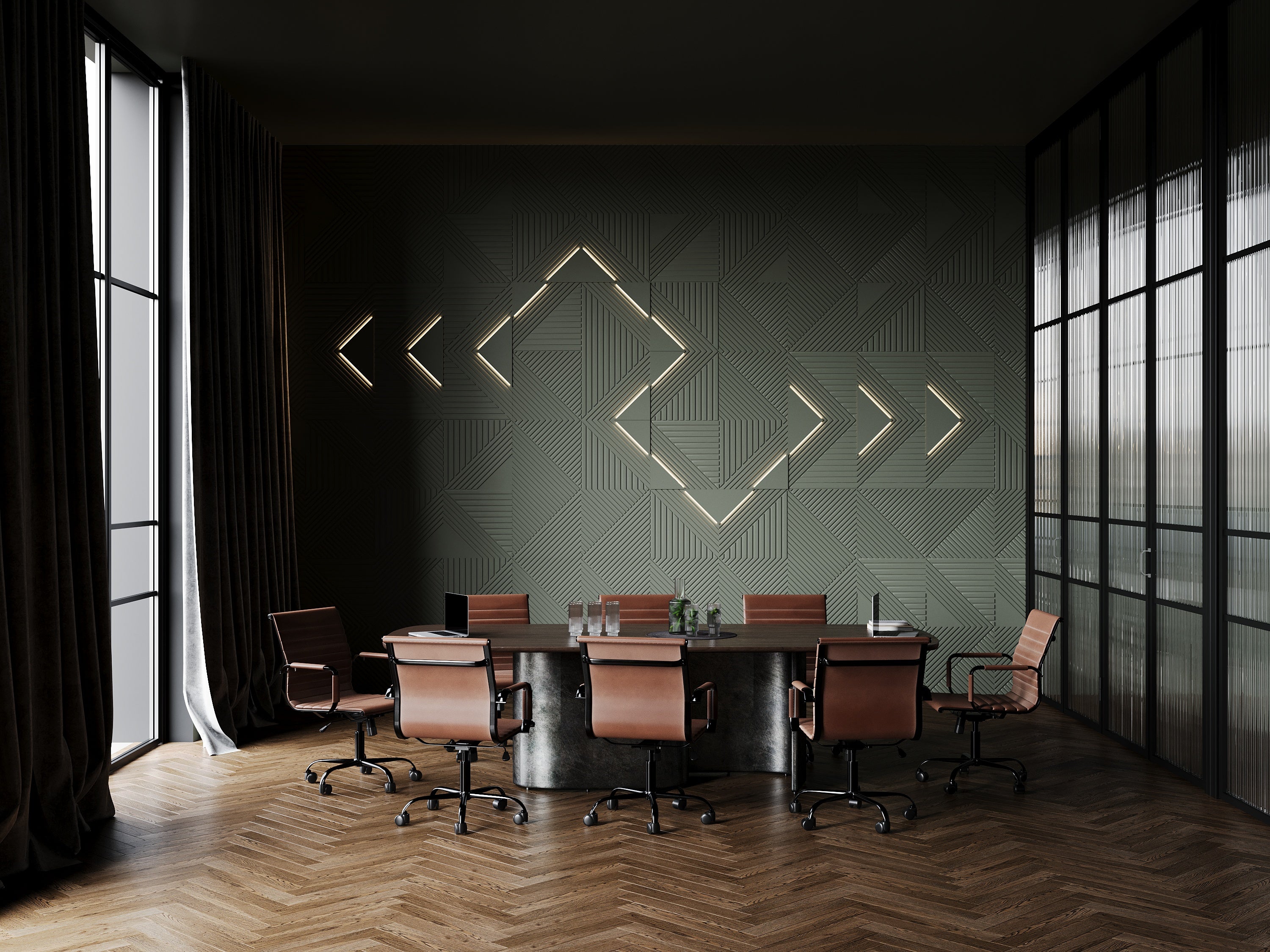 Boarding room, office space modern design featuring 3d wall panels with integrated led lighting in deep green color
