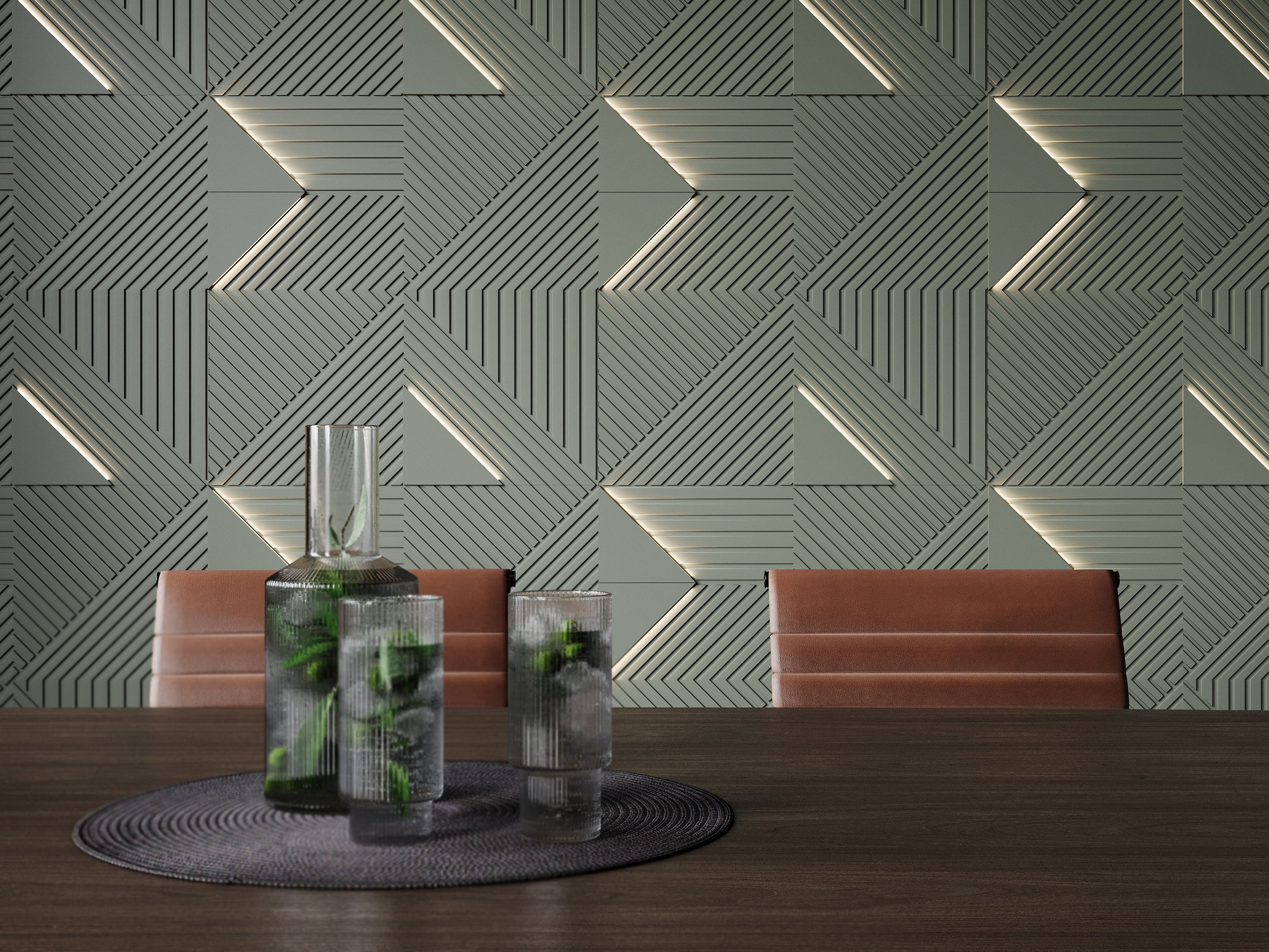 Office board room design in masculine moody colors featuring 3d wall panels in deep green color with integrated LED lighting