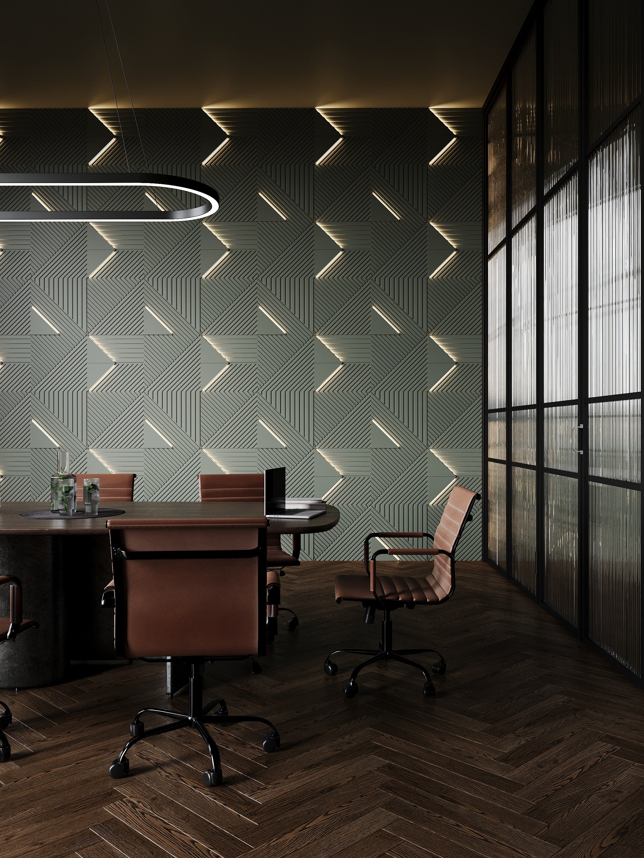 Boarding room, office space modern design featuring 3d wall panels with integrated led lighting in deep green color
