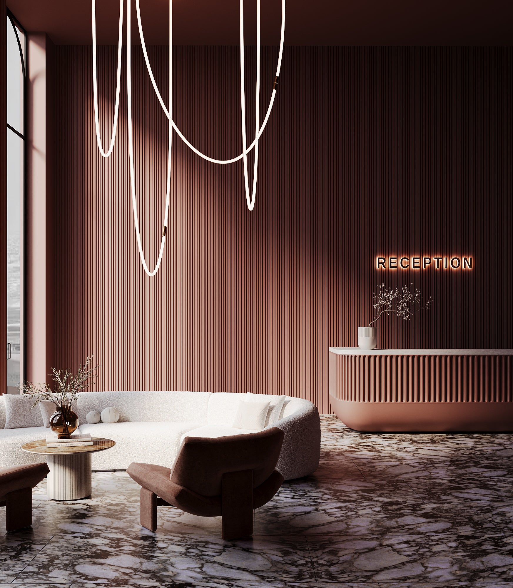 Kandes 3D Wall Panel from gypsum paintable for commercial projects such as hotels, offices. Modern interior in deep brown color for office lobby or hotel reception