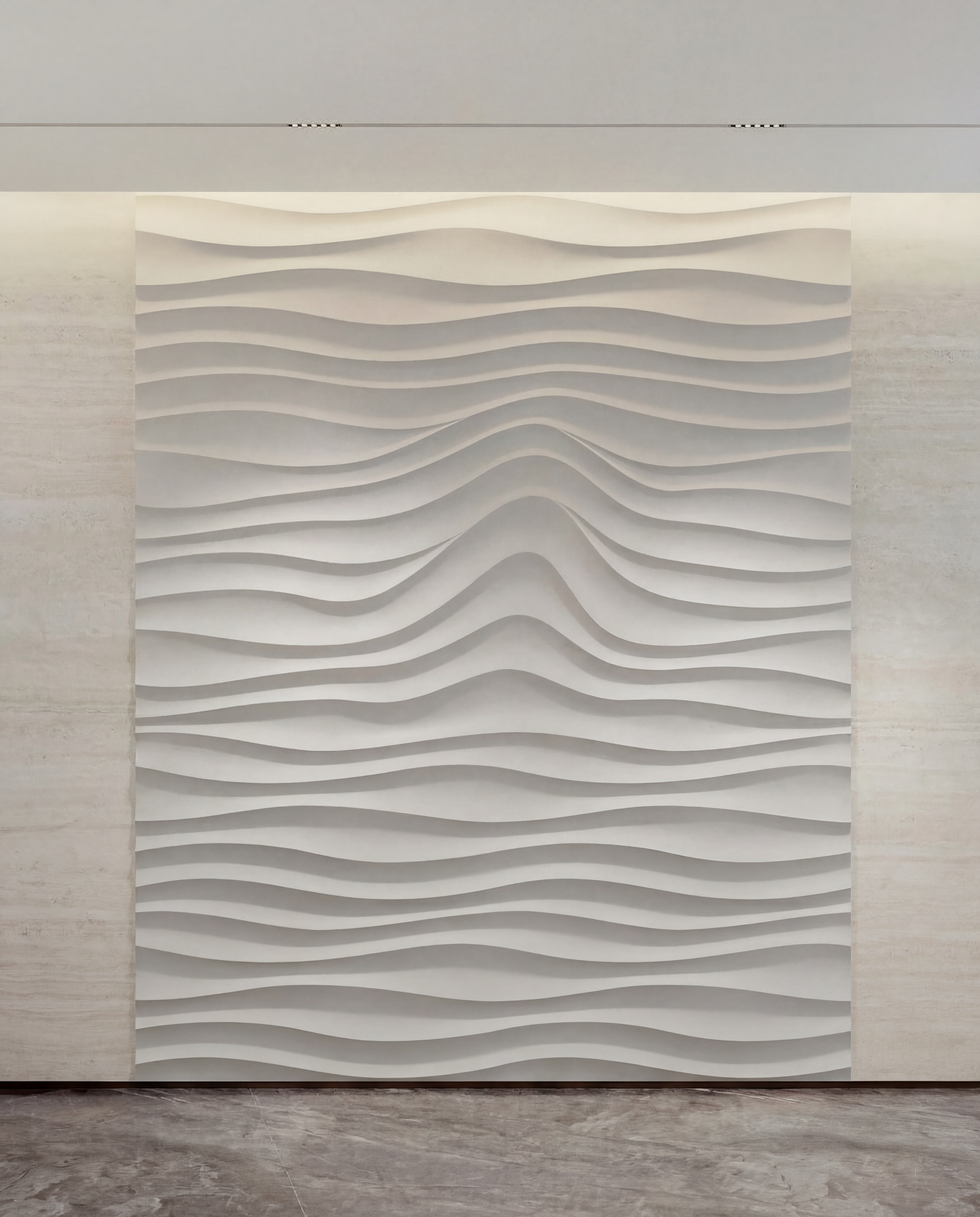 Editorial Gypsum non-combustible Decorative wall panel with wavy pattern on a neutral background