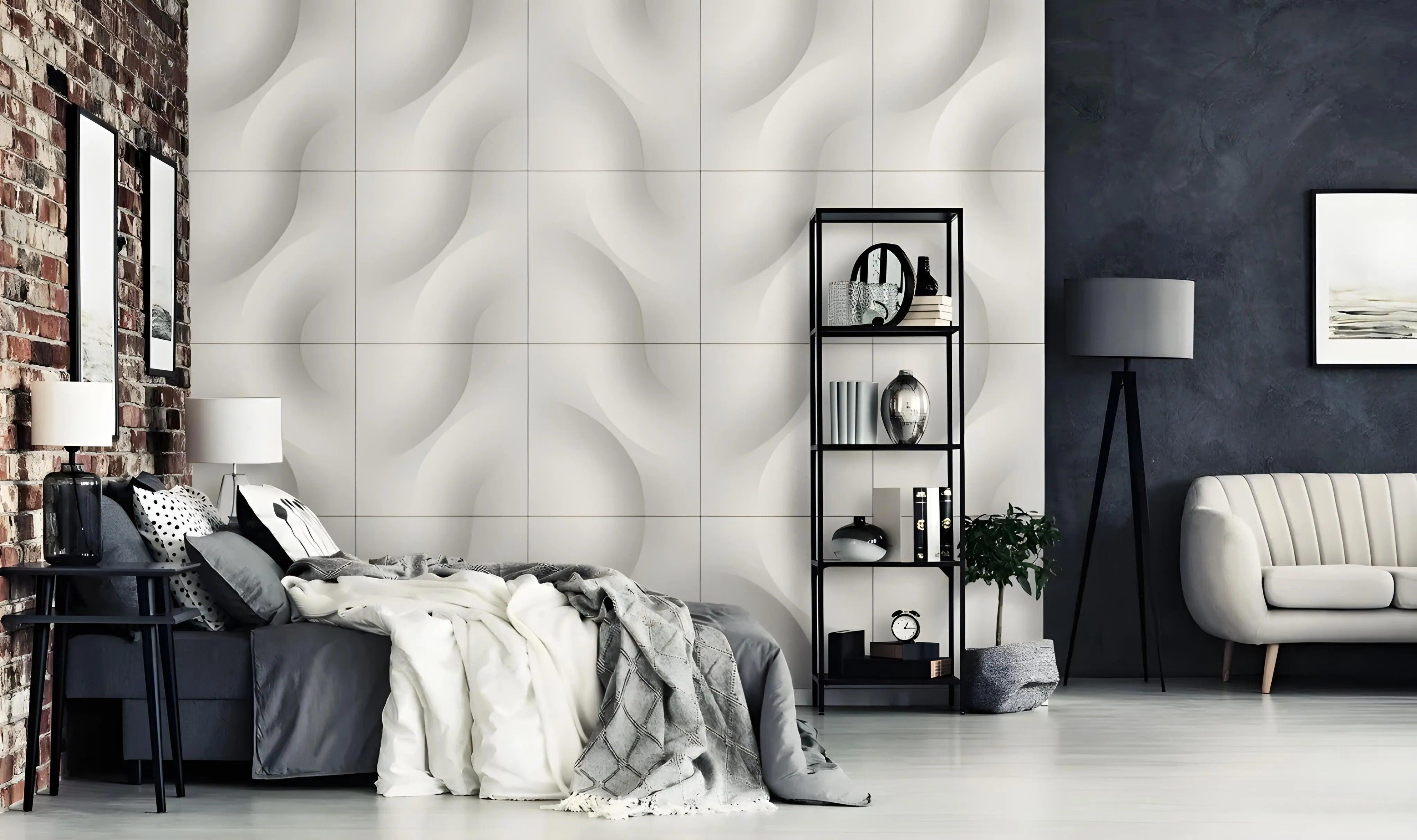3d textured decorative wall panels, 3d gypsum porcelain plaster effect coverings, modern clean waves circles design, hotel bedroom interior with large feature wall in white