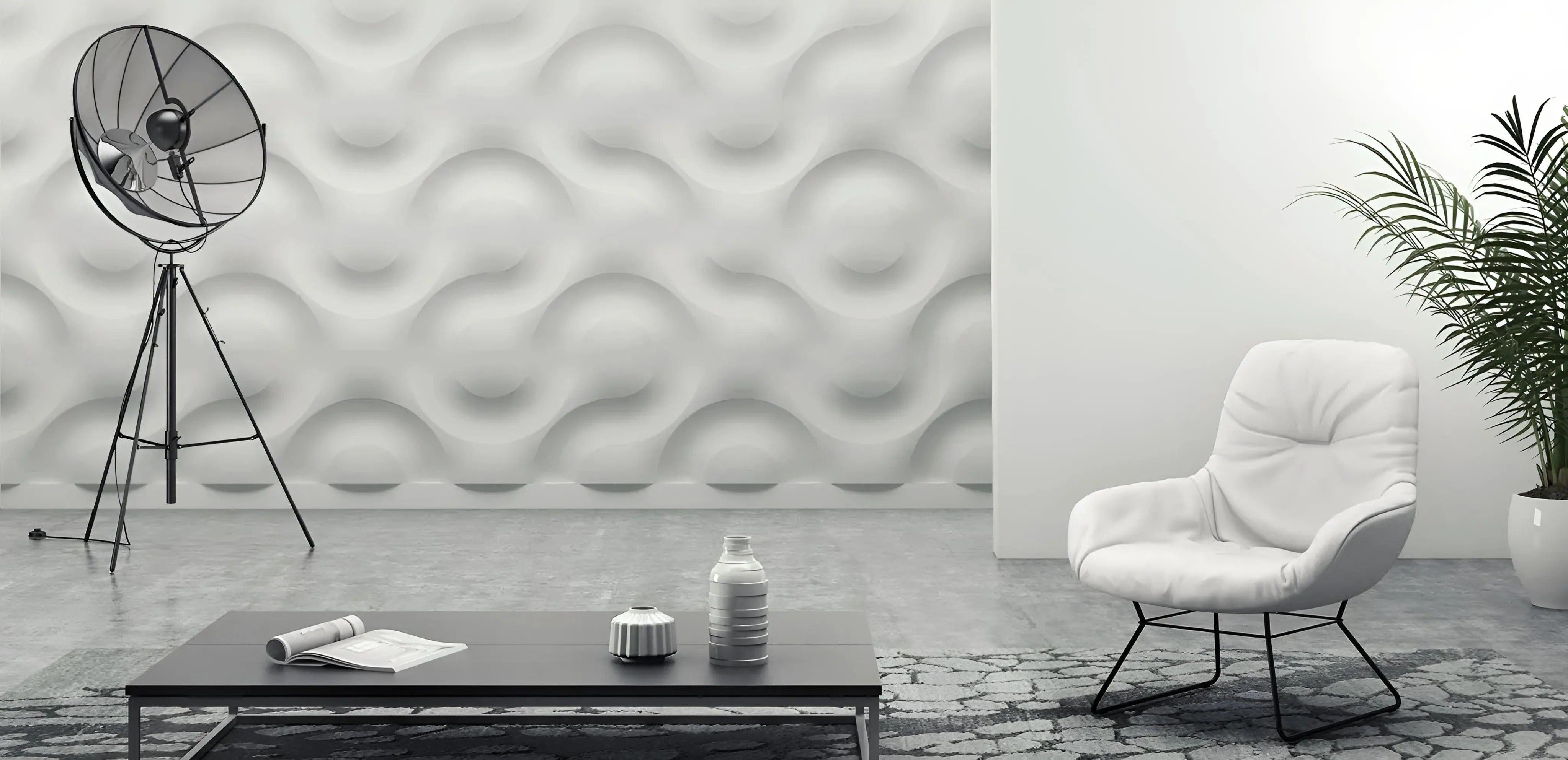 product photo, 3d textured decorative wall panels, 3d gypsum porcelain plaster effect coverings, modern clean waves circles design, loft grey scale design with large three dimensional wall art