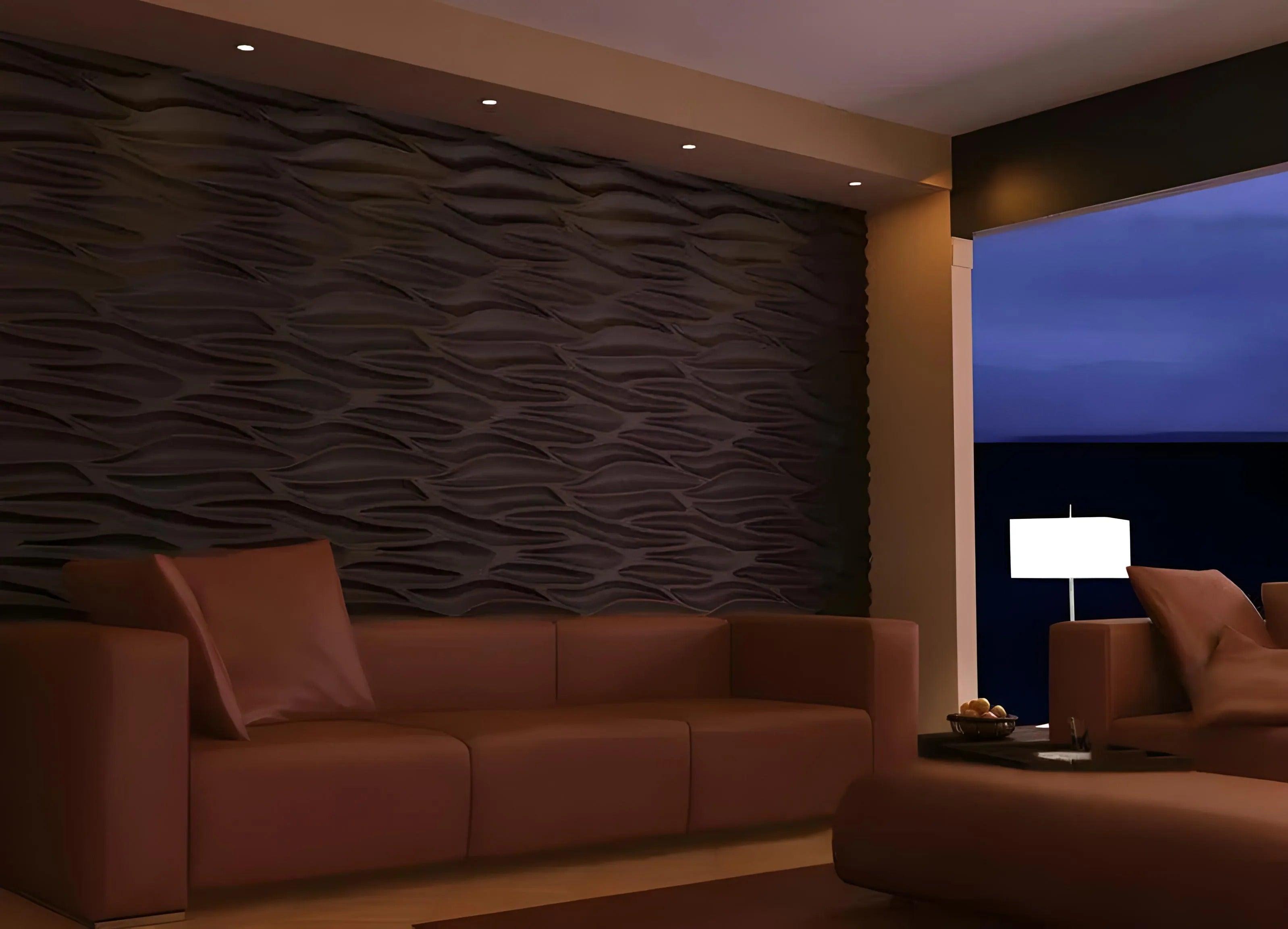 product phot white 3d gypsum panel Swiss quality waves pattern feature wall dark moody living room