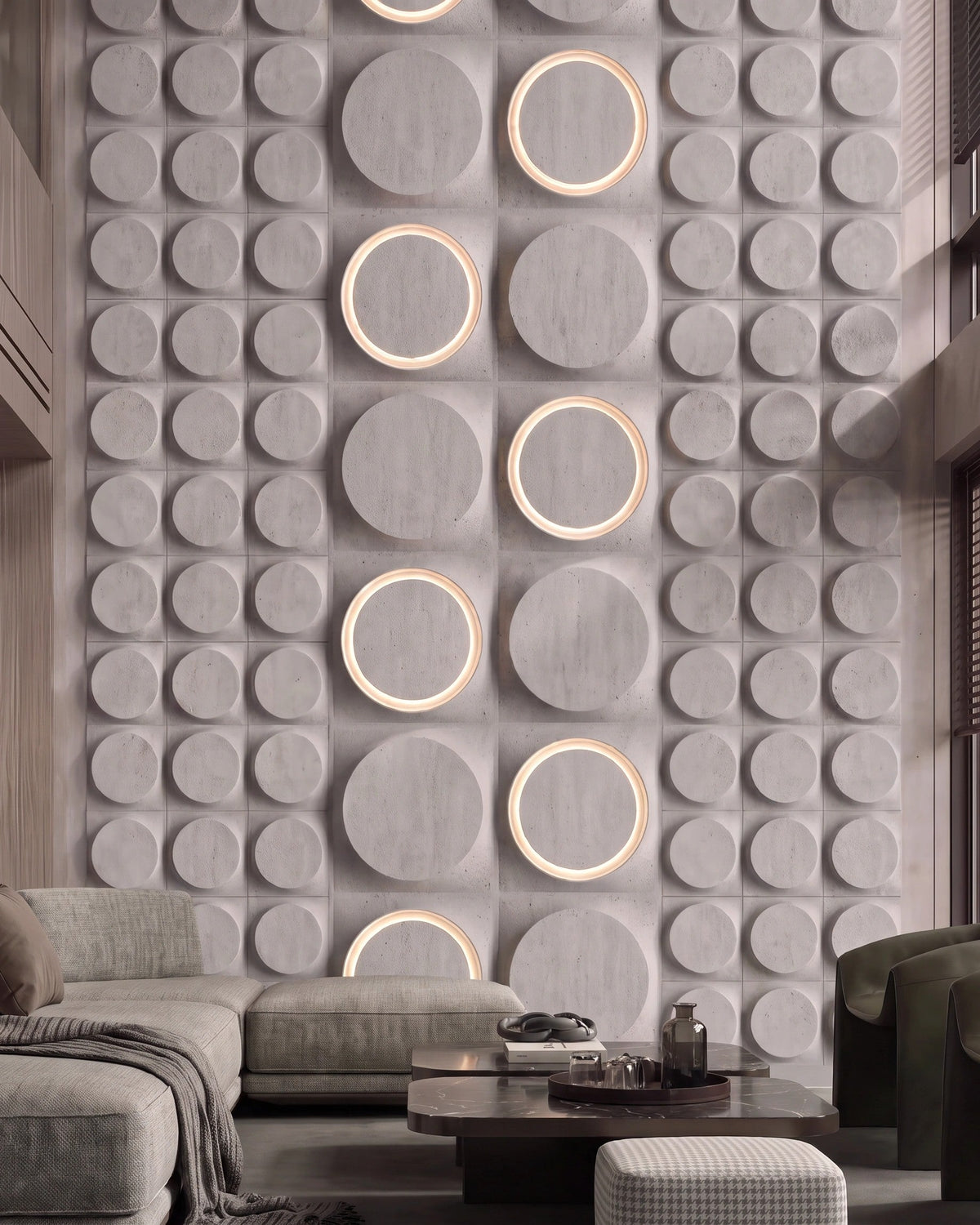 COSMIC 0012 gypsum 3D wall panel texture detail with LED ring and relief discs