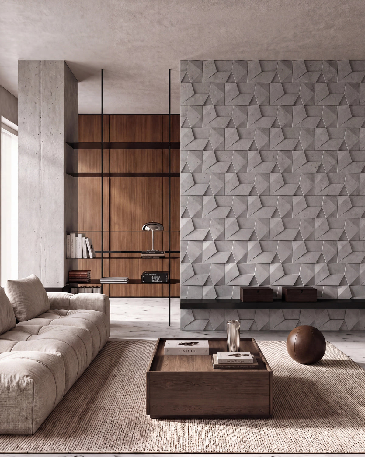 Kandes ORIGAMI 0024 gypsum 3D wall panels on a living room feature wall beside walnut shelving