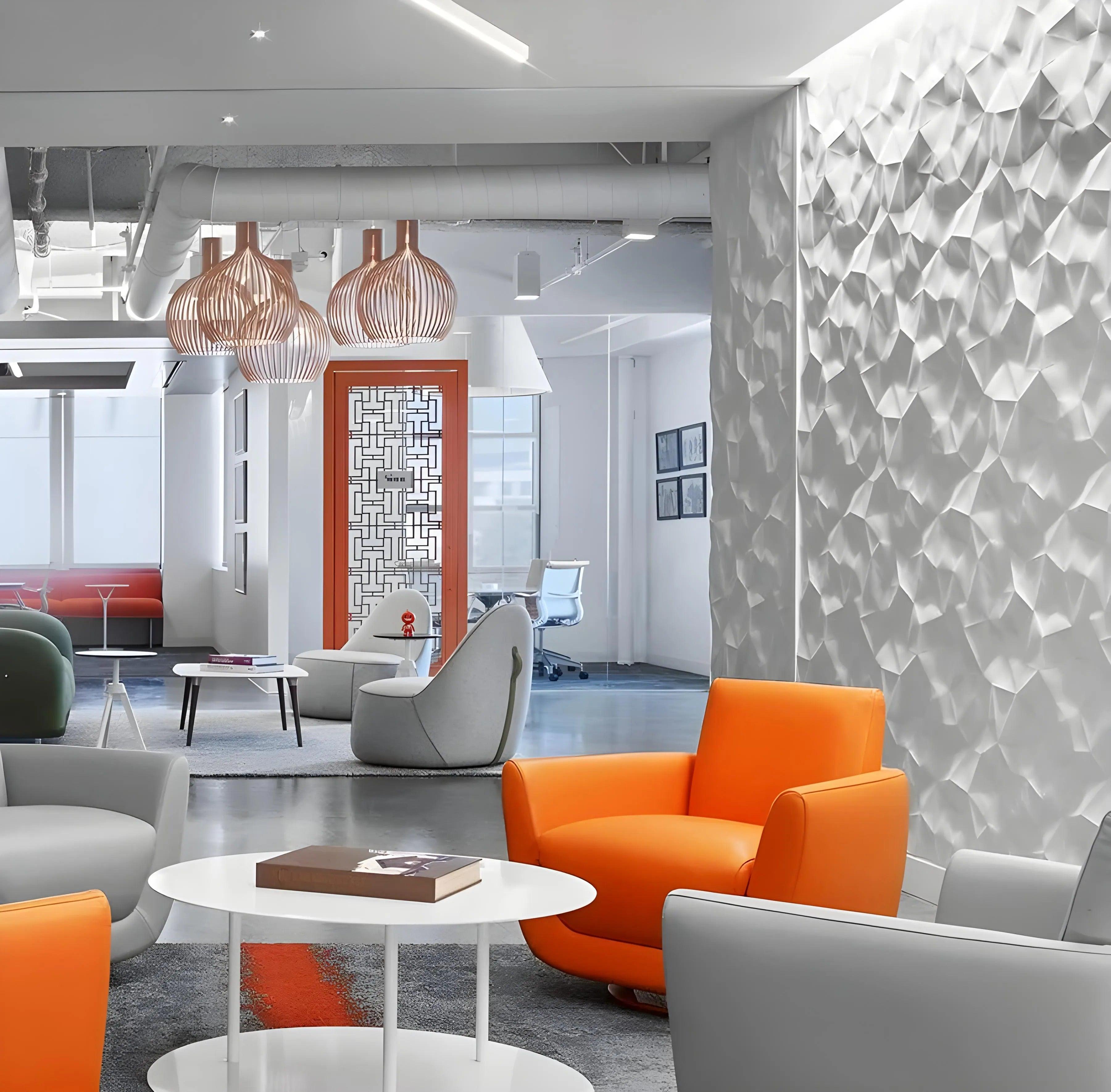 3d wall panel gypsum Swiss quality facet scrunched design waiting room office white feature wall
