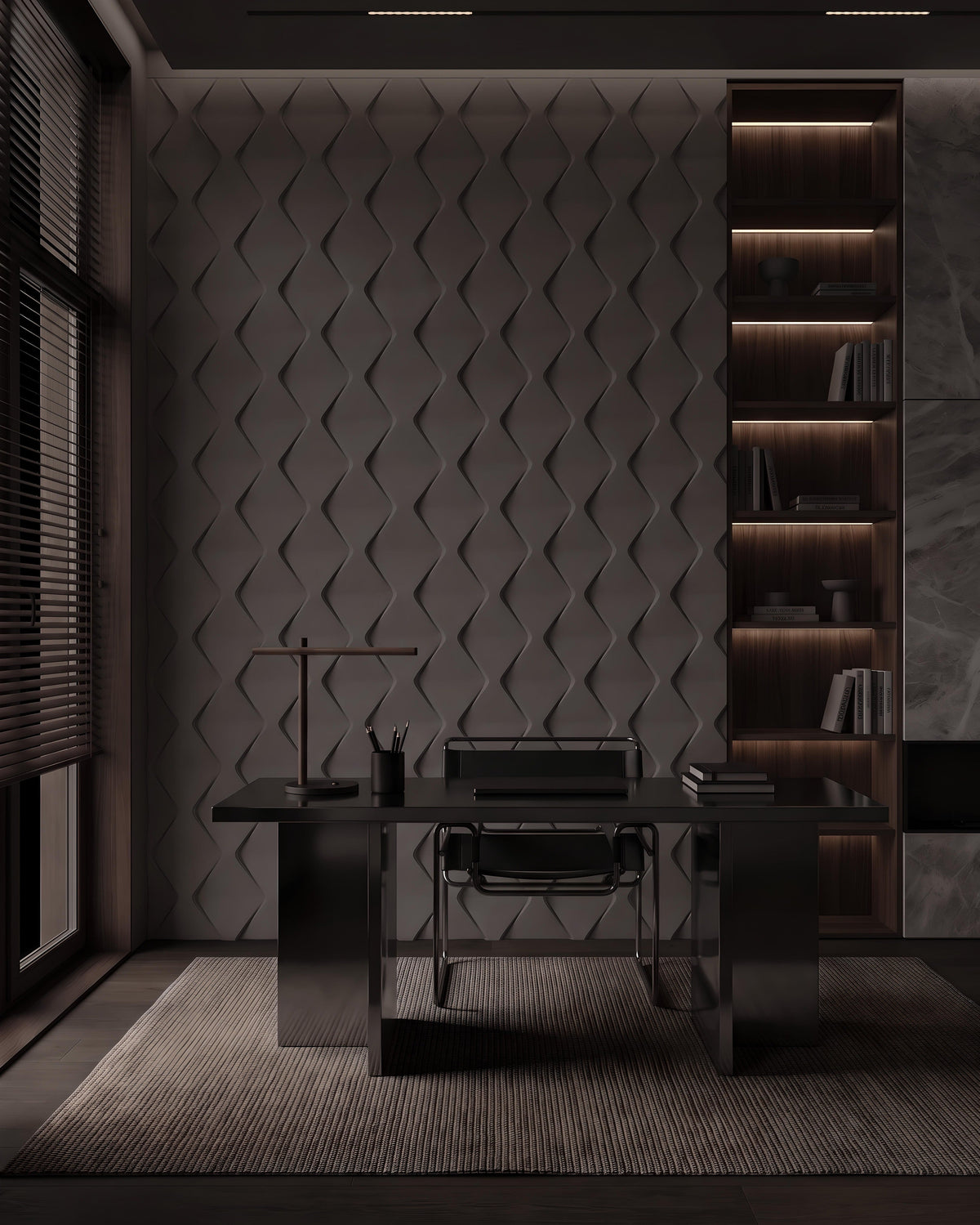 ROMBO 0118 gypsum 3D wall panels behind a dark desk in a home office