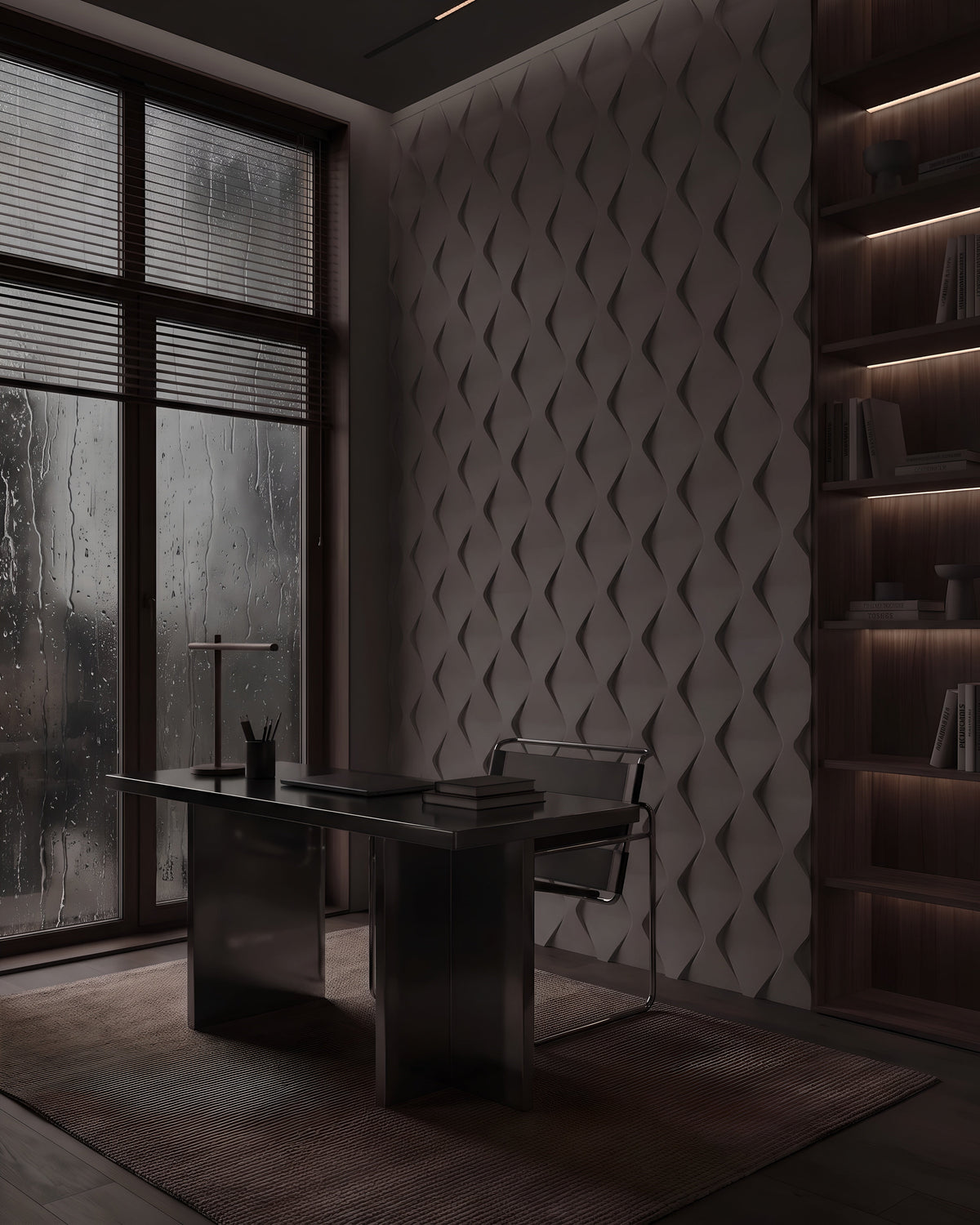 ROMBO 0118 gypsum 3D wall panels in a home office with rain on the window