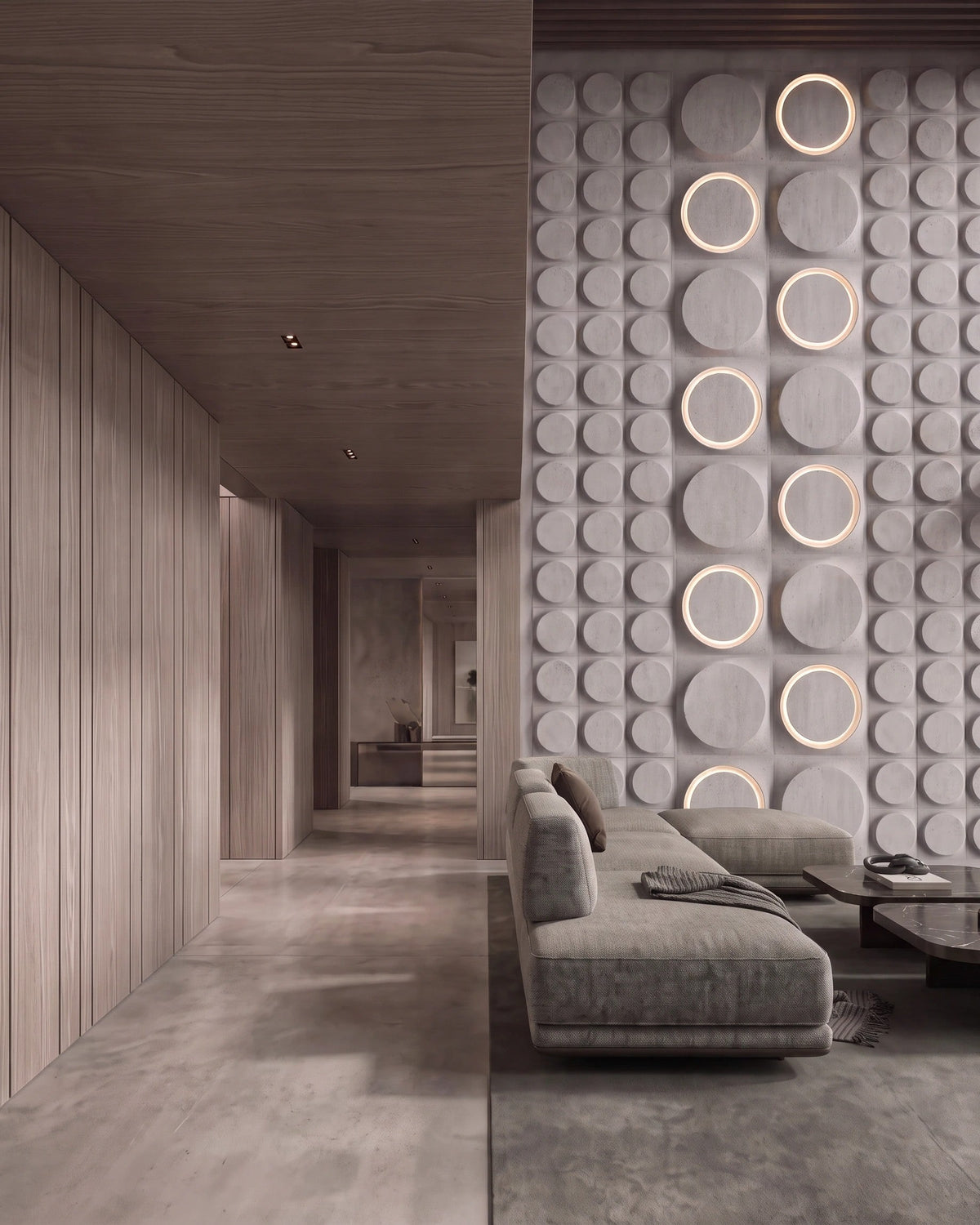 COSMIC 0412 gypsum 3D wall panel relief in two disc sizes, daylight close view
