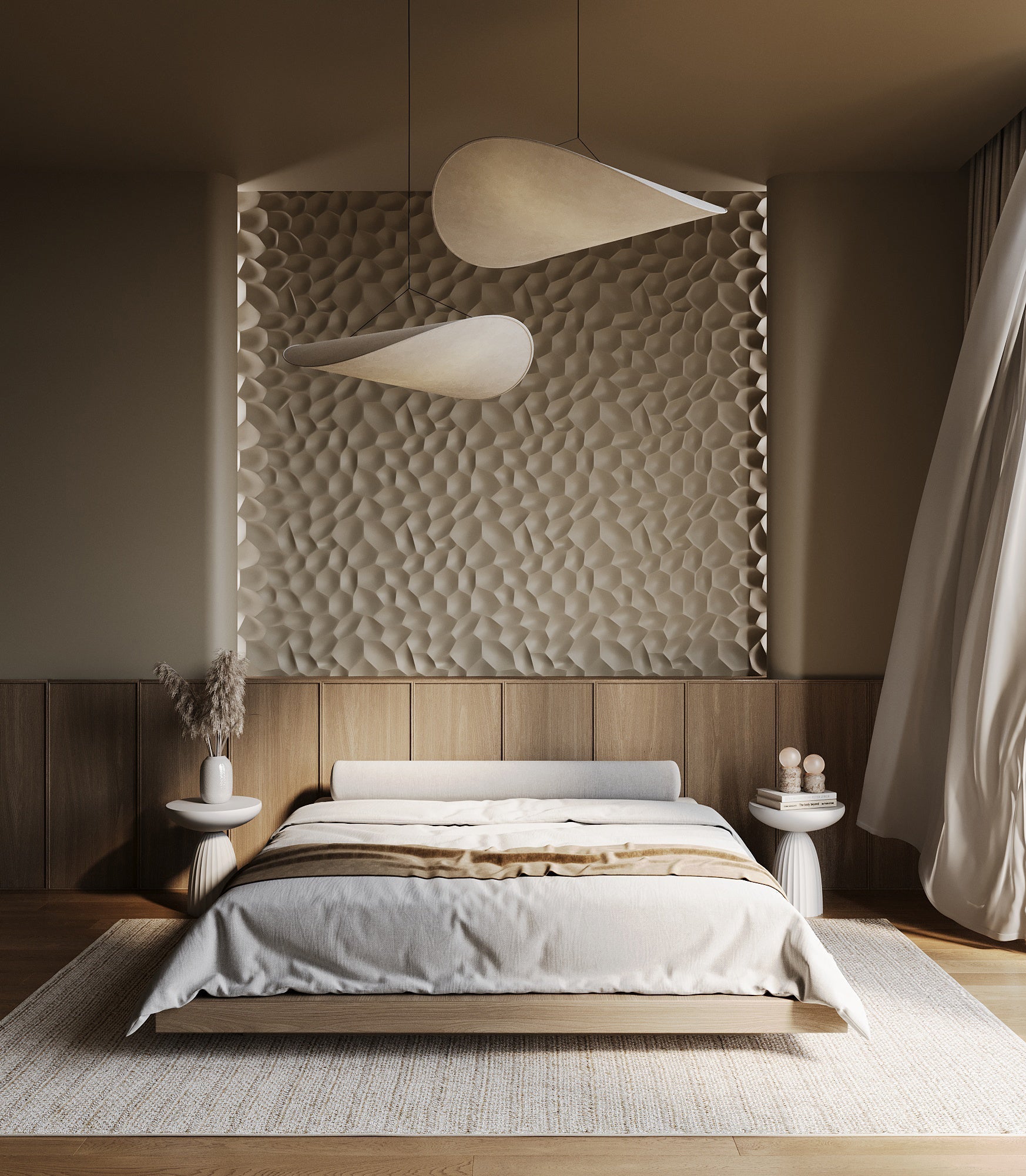 3D wall panels for a bedroom — SALT gypsum panel feature wall behind the bed in a soft Japandi scheme