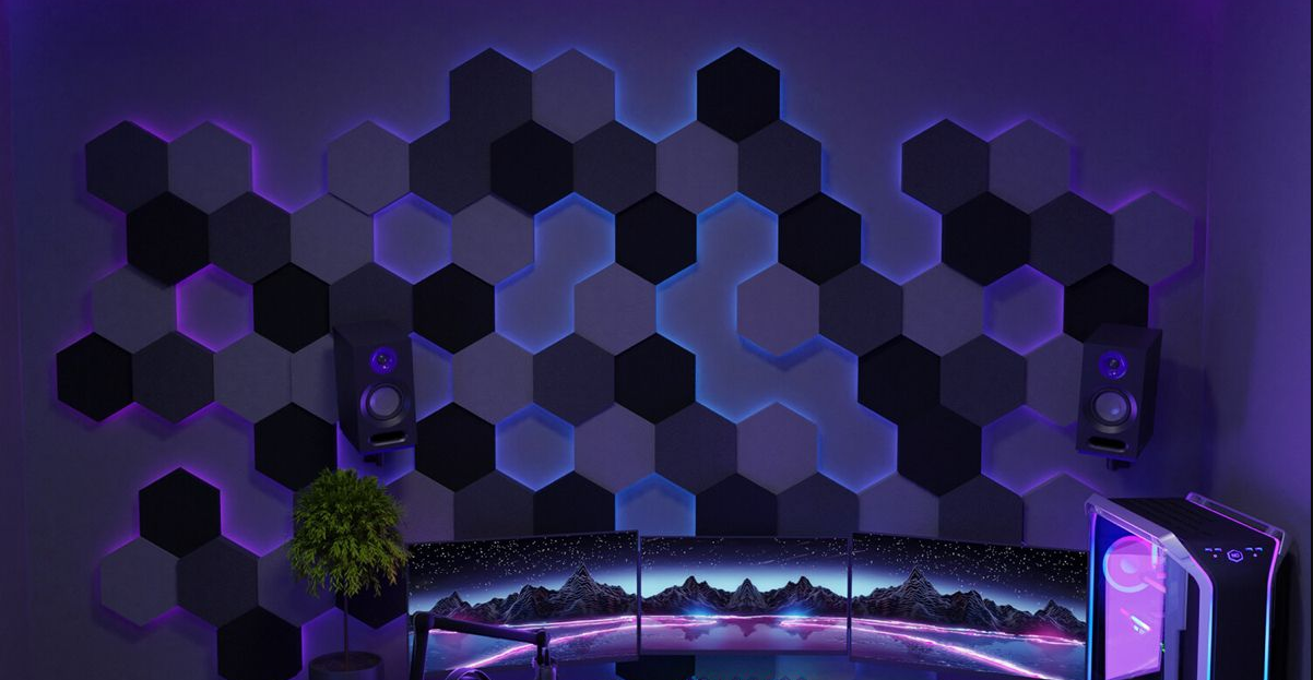 Gaming room with LED wall lighting and dark 3D textured feature wall