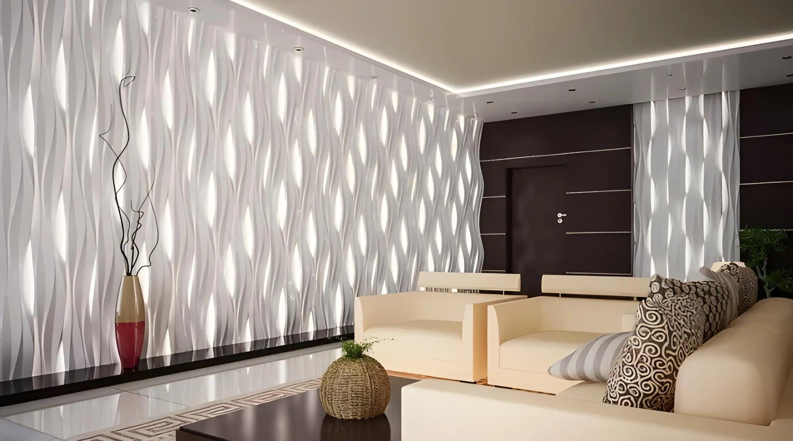 hotel reception interior, Kandes gypsum 3d wall panels with light element, flowing wave design wall coverings