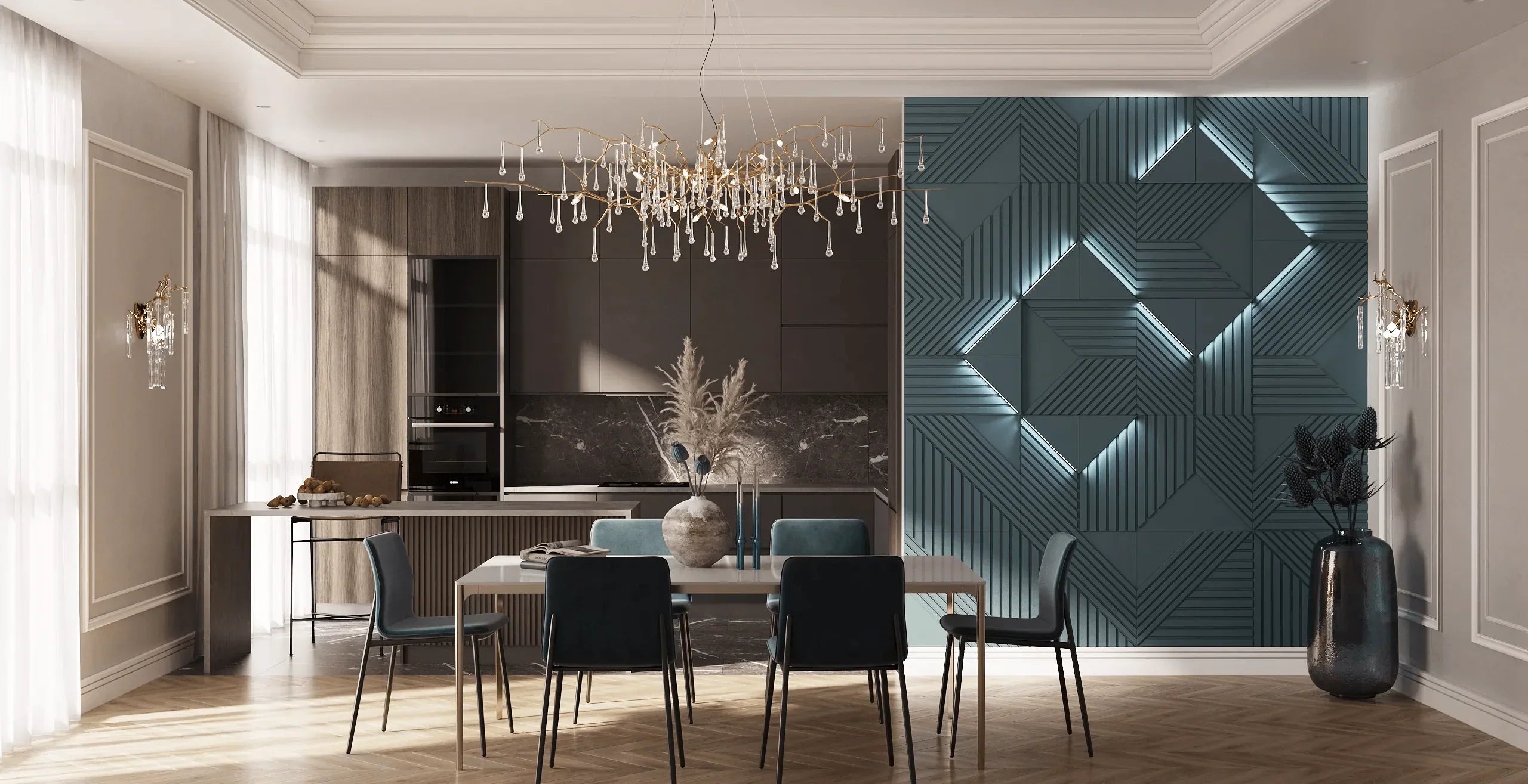 Trinity LED 3D gypsum panels casting ambient light over a dining room