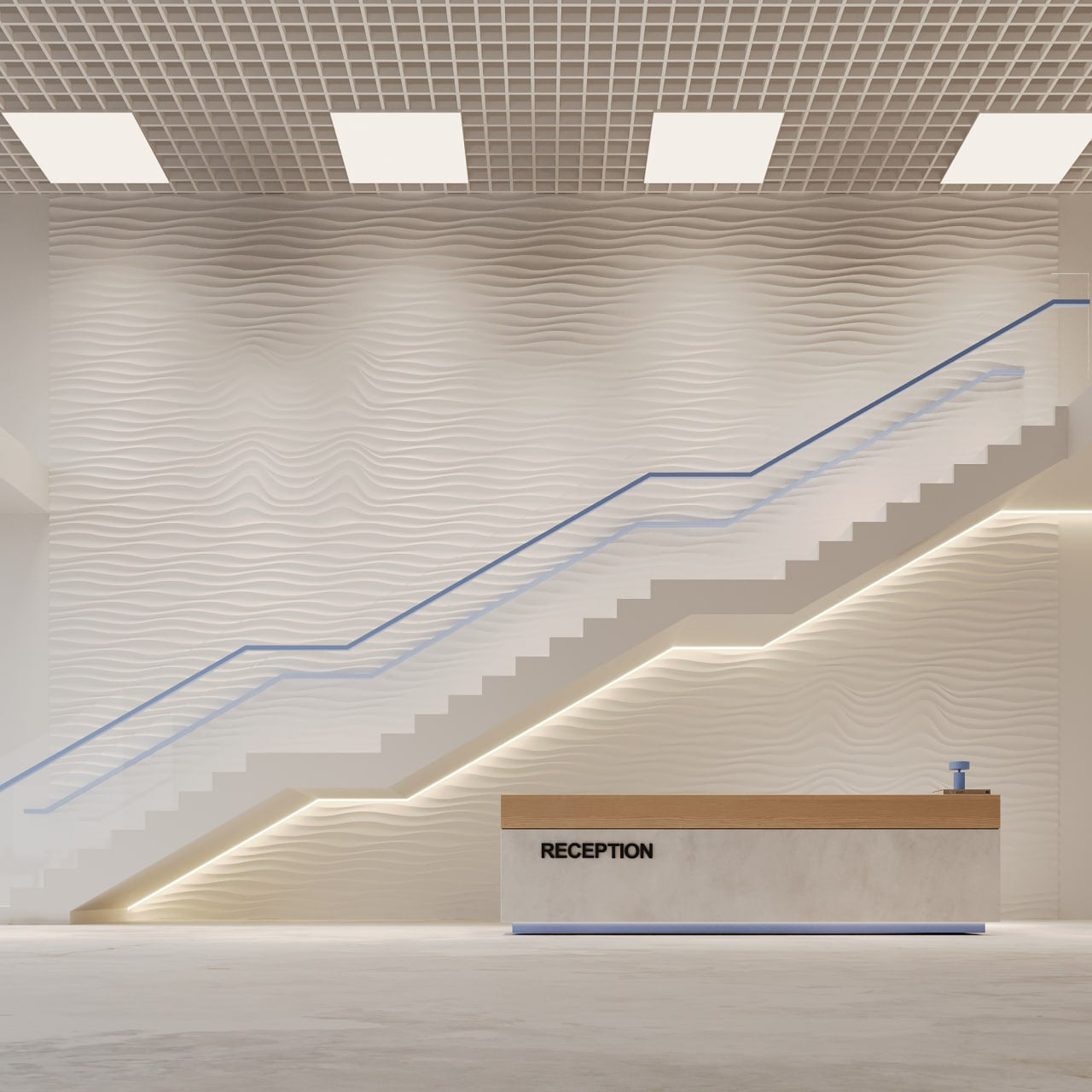 Editorial Modern interior with a reception desk and staircase medical wellness clinic design project with 3d wavy wall panels fire rated