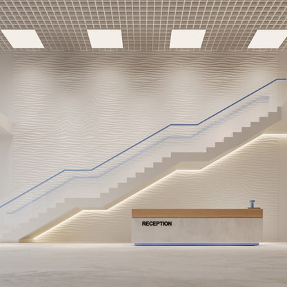 Editorial Modern interior with a reception desk and staircase medical wellness clinic design project with 3d wavy wall panels fire rated