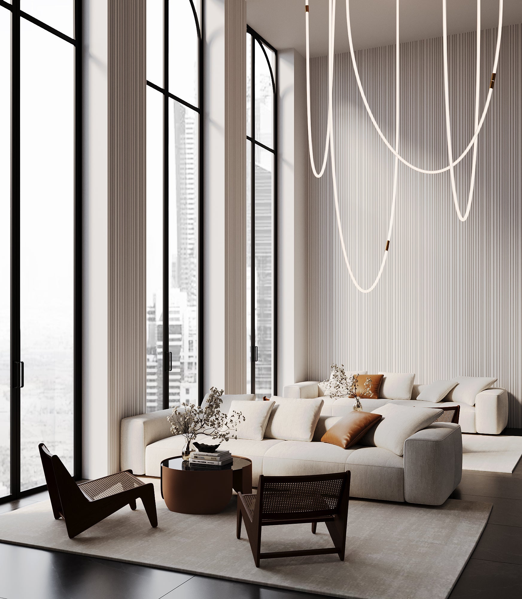 White vertical-groove gypsum 3D wall panels creating a refined accent wall in a modern living room. These premium plaster 3D panels from Kandes, a Swiss producer of high-quality 3D wall panels, enhance interior design with elegant linear texture and perfect geometry. Made from all-natural gypsum, A1 non-combustible, and eco-conscious, they provide seamless wall cladding for residential and commercial projects. Paintable for full customization to suit luxury interiors.