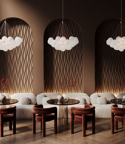 Interior design of a modern luxury caffe featuring 3d gypsum wall panels implemented in the arches. lowing organic natural patterns. Beige, warm white, brown color tones. Sustainable materials. Evening restaurant with ambient light and cozy interior