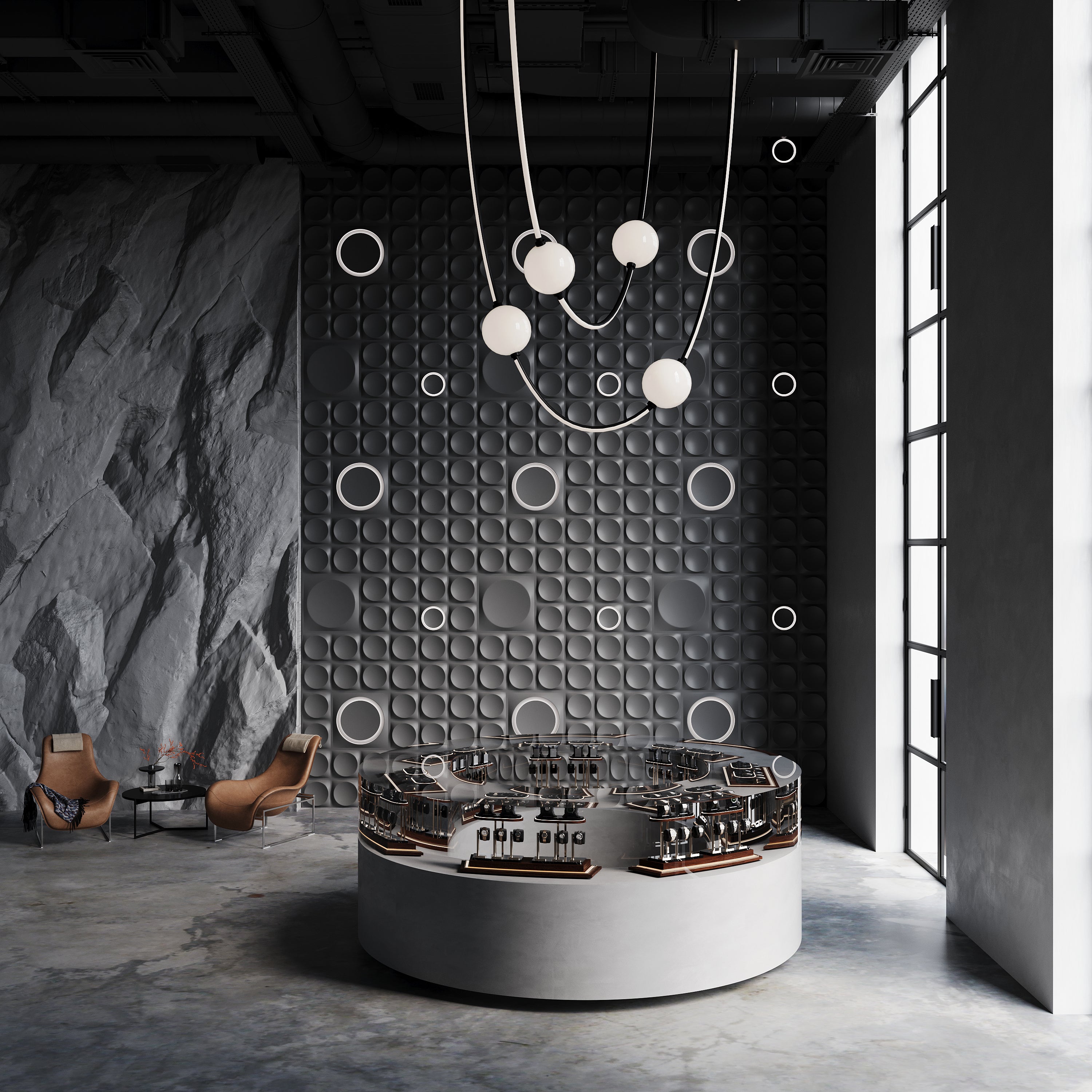 Kandes | Premium Gypsum 3D Wall Panels | Modular 3d wall panels with integrated LED lighting in a retail boutique setting. Watch and jewelry store in a modern brutalism in darker color scheme