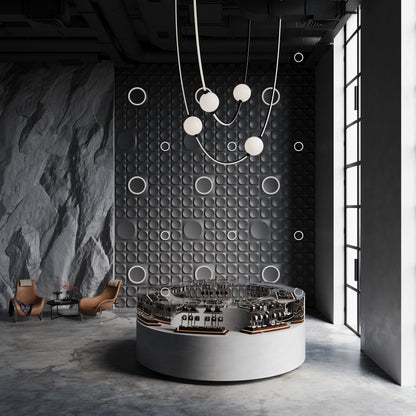 Kandes | Premium Gypsum 3D Wall Panels | Modular 3d wall panels with integrated LED lighting in a retail boutique setting. Watch and jewelry store in a modern brutalism in darker color scheme