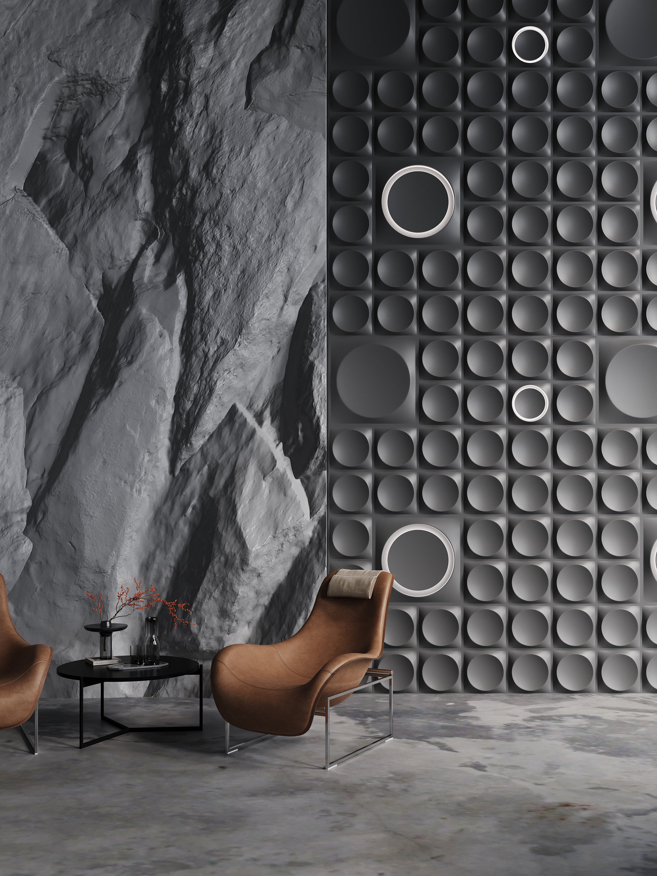 Kandes | Premium Gypsum 3D Wall Panels | Modular 3d wall panels with integrated LED lighting in a retail boutique setting. Watch and jewelry store in a modern brutalism in darker color scheme
