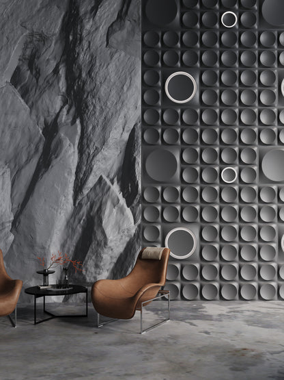 Kandes | Premium Gypsum 3D Wall Panels | Modular 3d wall panels with integrated LED lighting in a retail boutique setting. Watch and jewelry store in a modern brutalism in darker color scheme