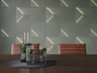 Office board room design in masculine moody colors featuring 3d wall panels in deep green color with integrated LED lighting