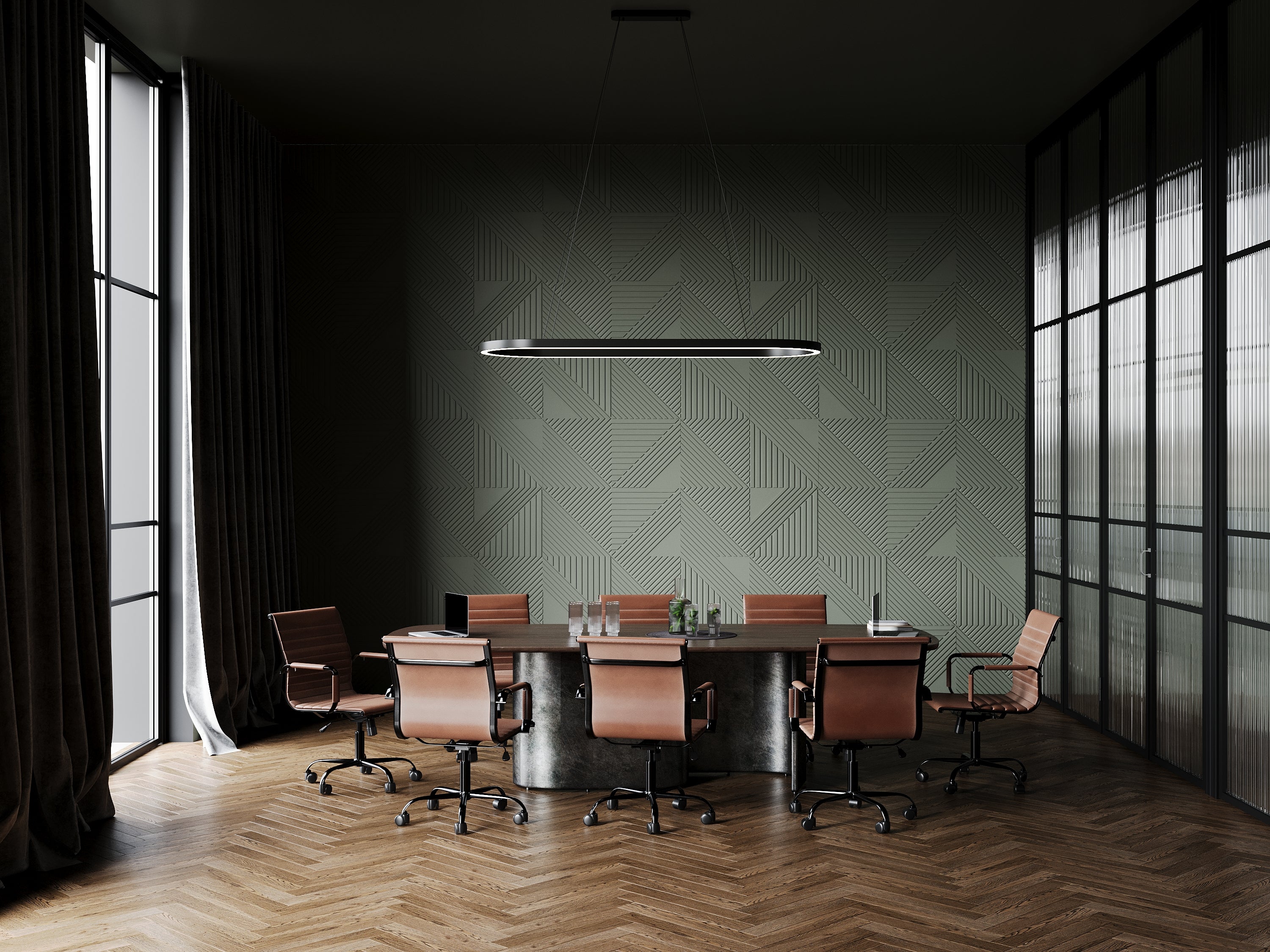 Boarding room, office space modern design featuring 3d wall panels with integrated led lighting in deep green color
