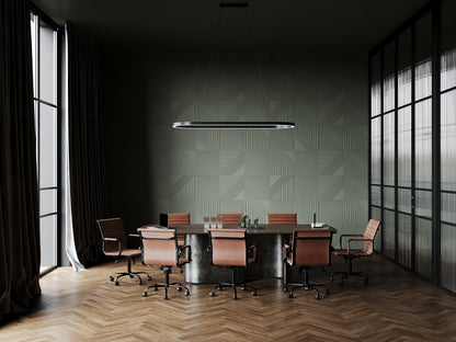 Boarding room, office space modern design featuring 3d wall panels with integrated led lighting in deep green color