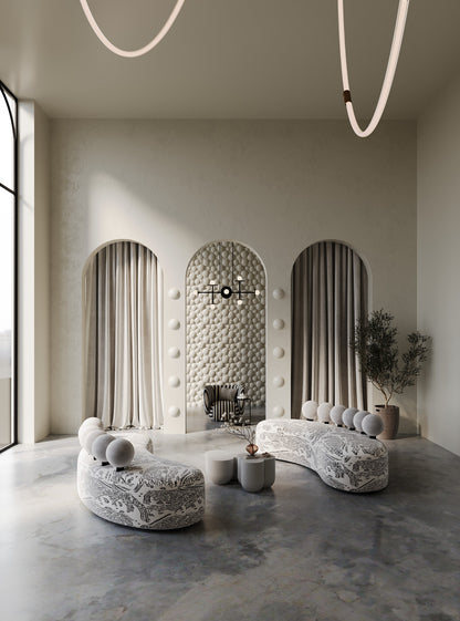 Kandes | Premium Gypsum 3D Wall Panels | Soap Bubble 3d wall panels in a gallery style setting in a soft white color scheme