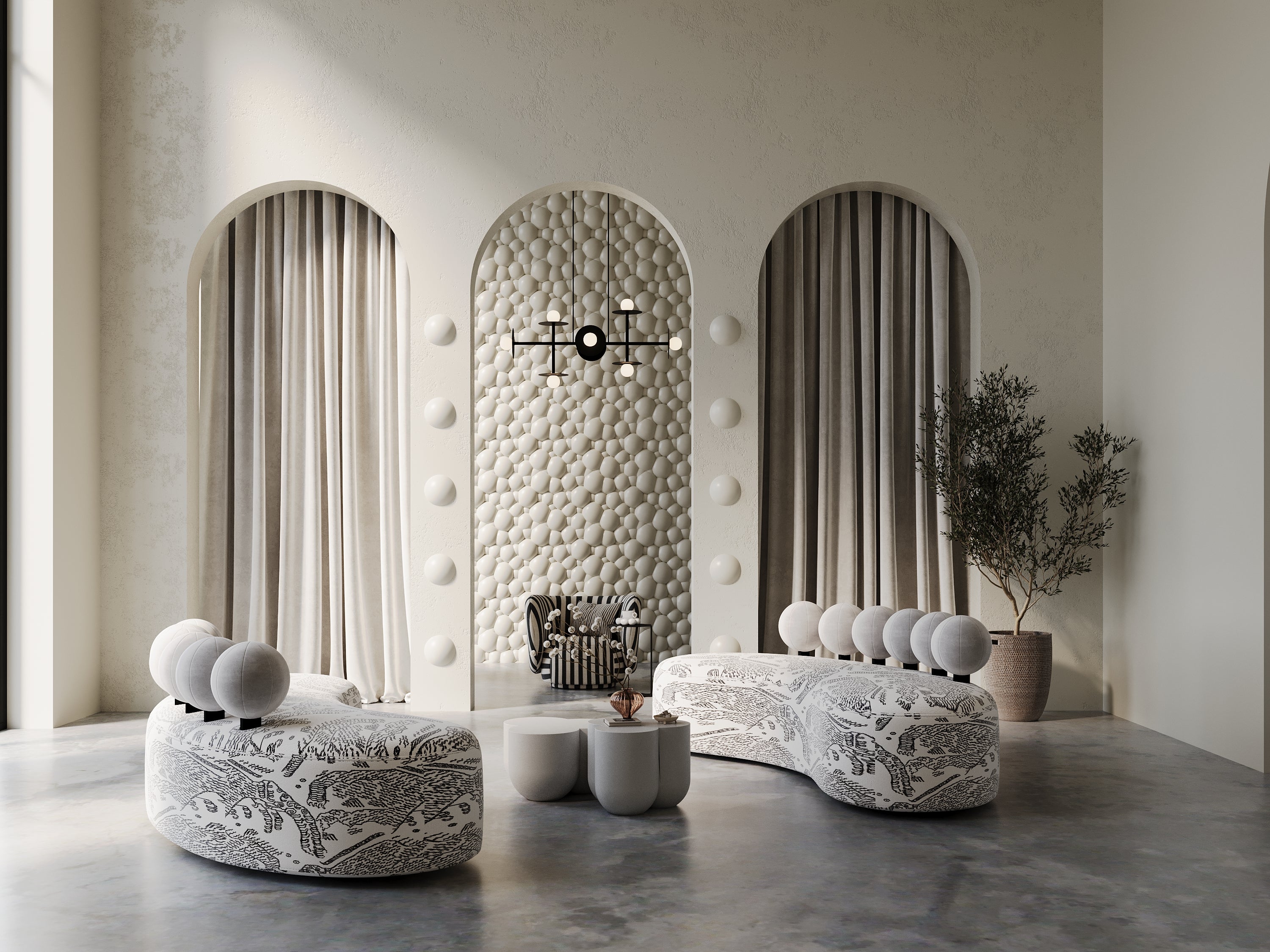 Kandes | Premium Gypsum 3D Wall Panels | Soap Bubble 3d wall panels in a gallery style setting in a soft white color scheme