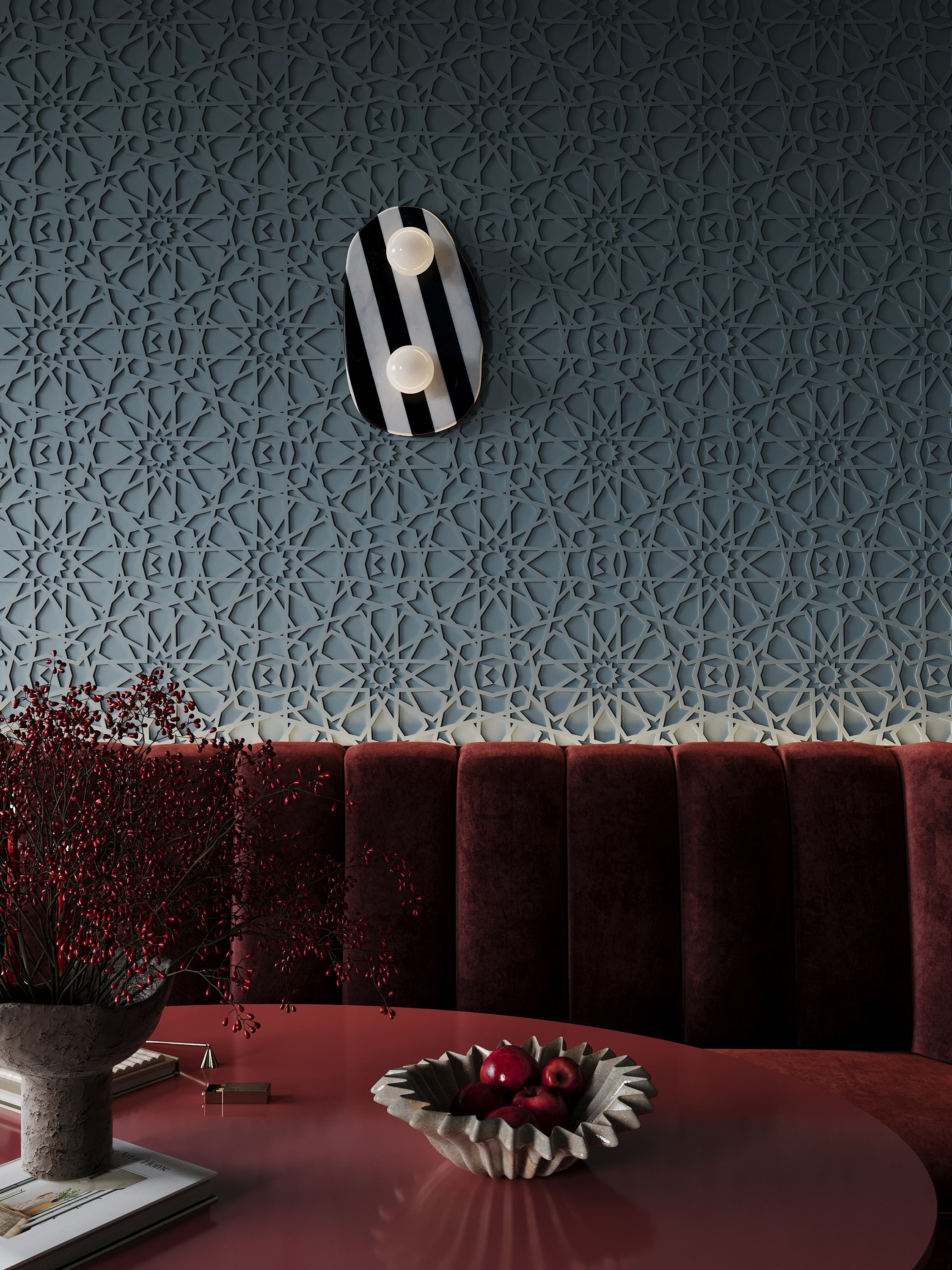 Kandes | Premium Gypsum 3D Wall Panels | Classic Oriental Ornament Wall Paneling design in a cafe and restaurant setting. Moody blue and bordeaux colors