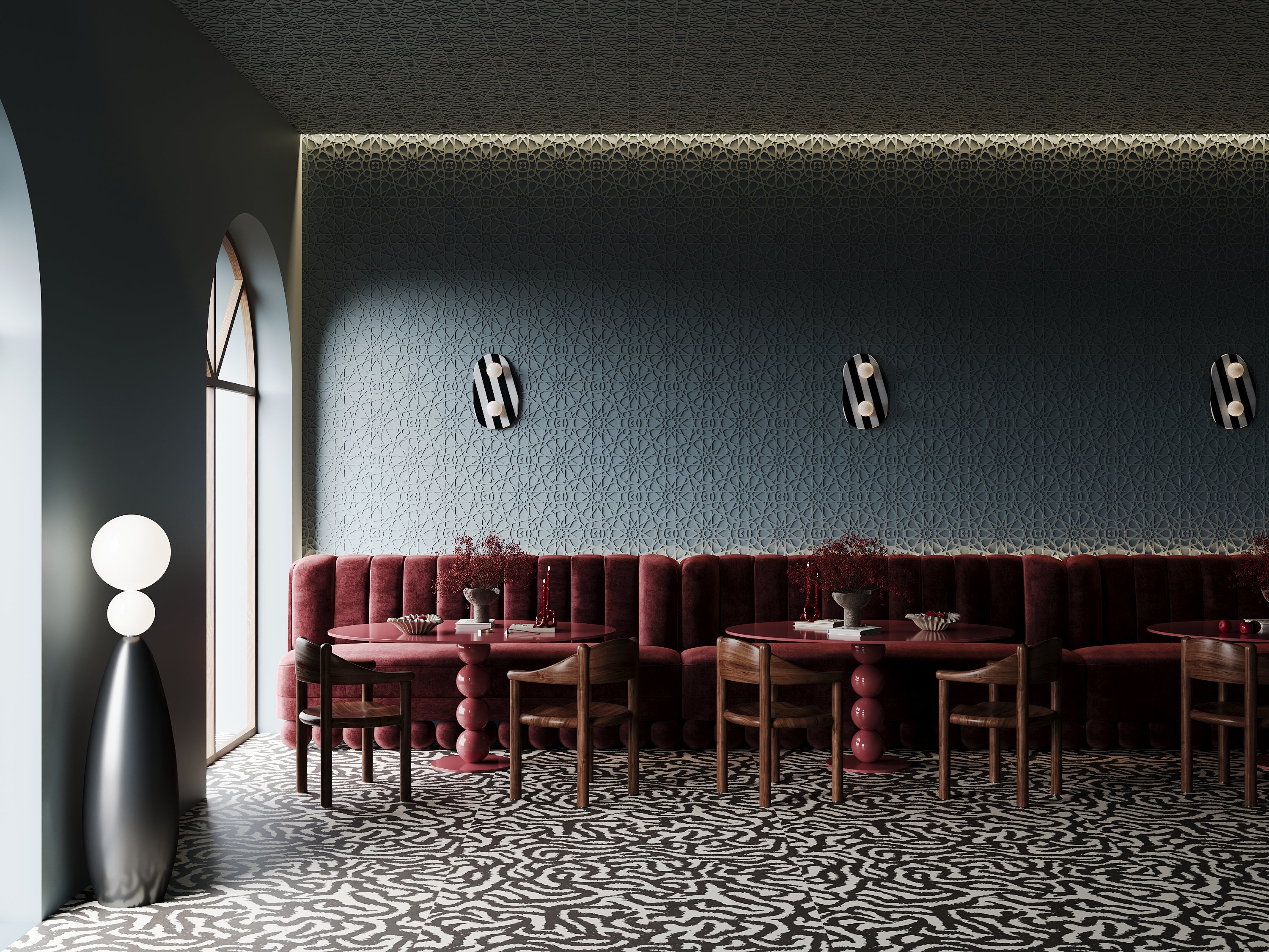 Kandes | Premium Gypsum 3D Wall Panels | Classic Oriental Ornament Wall Paneling design in a cafe and restaurant setting. Moody blue and bordeaux colors