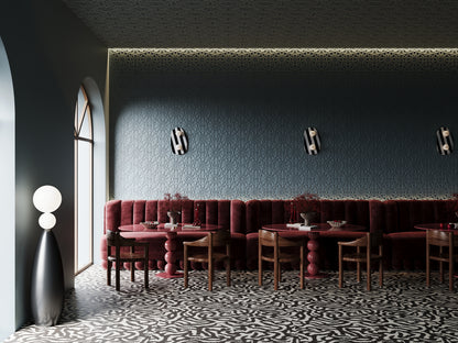 Kandes | Premium Gypsum 3D Wall Panels | Classic Oriental Ornament Wall Paneling design in a cafe and restaurant setting. Moody blue and bordeaux colors