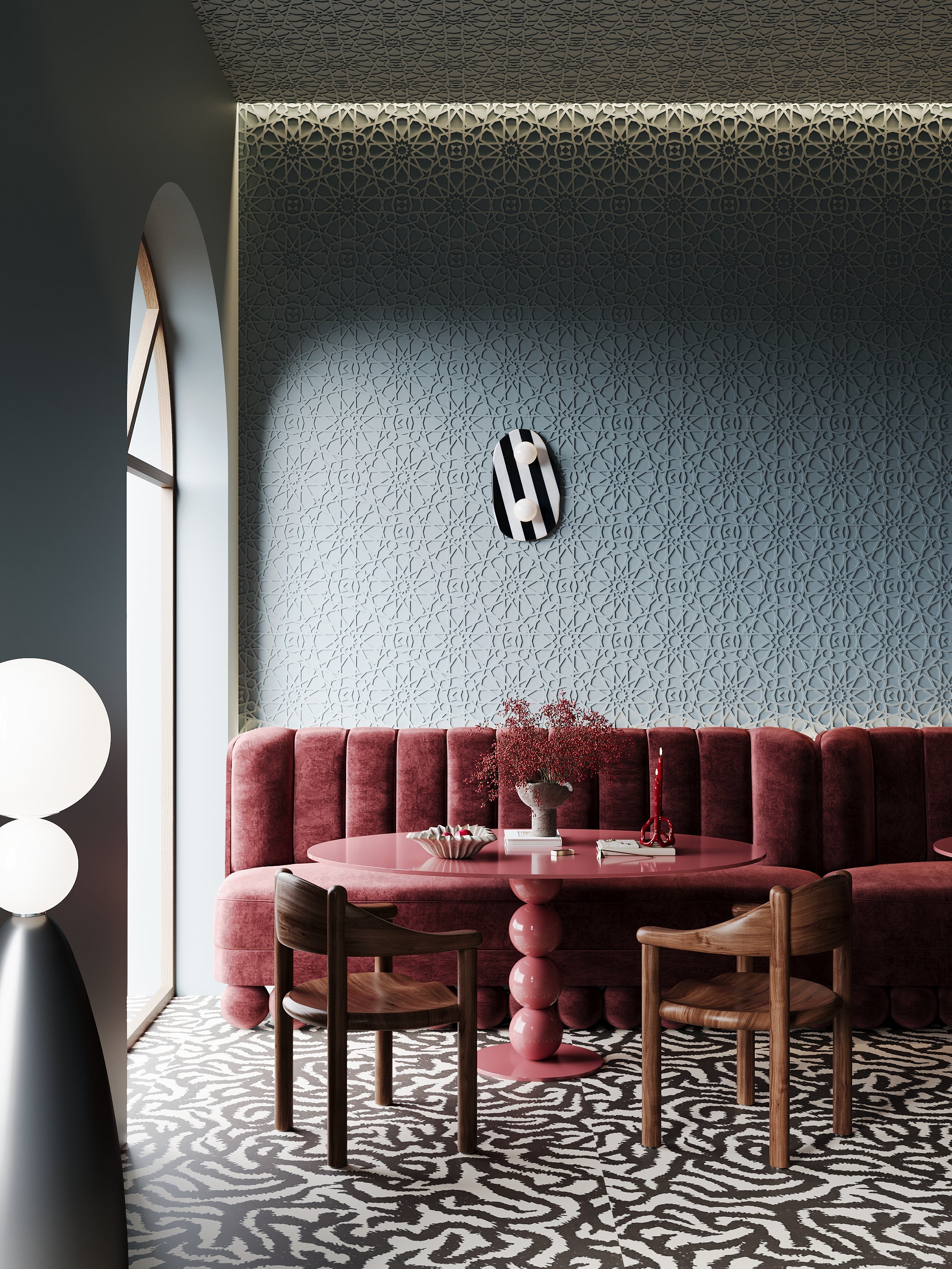 Moody restaurant cafe setting featuring 3d wall panels with oriental Ornament pattern