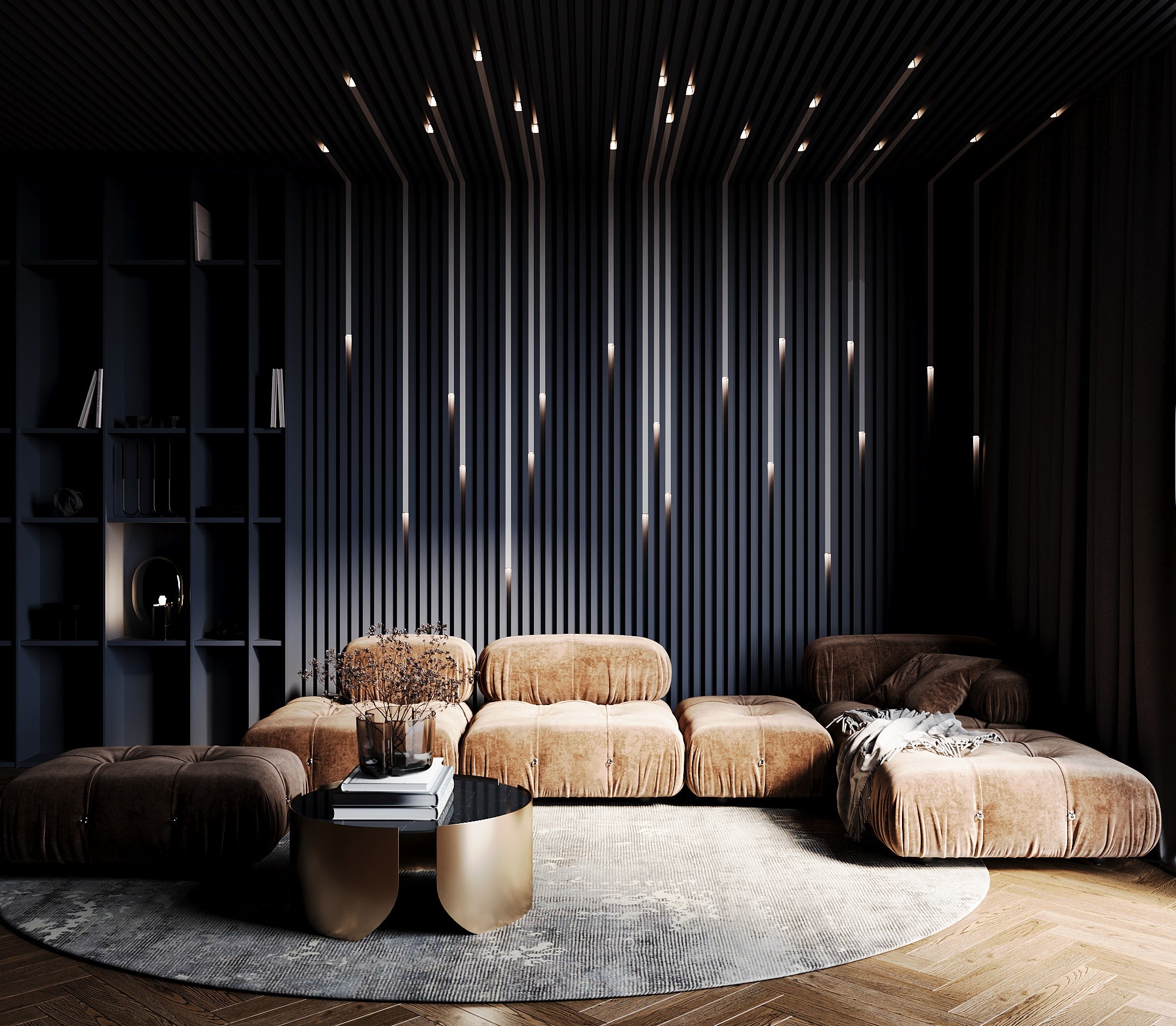 Dark Black Living room TV room slat wall panels with LED integration Kandes
