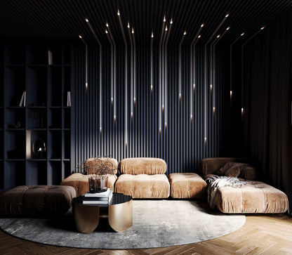 Dark Black Living room TV room slat wall panels with LED integration Kandes
