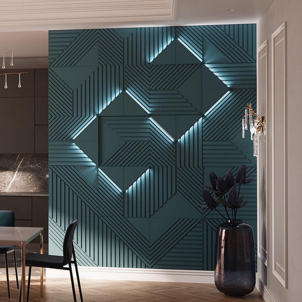 Editorial Fire rated 3d wall panels in geometric design with led integration for commercial and residential interiors TRINITY + LED 0021 - Kandes GmbH
