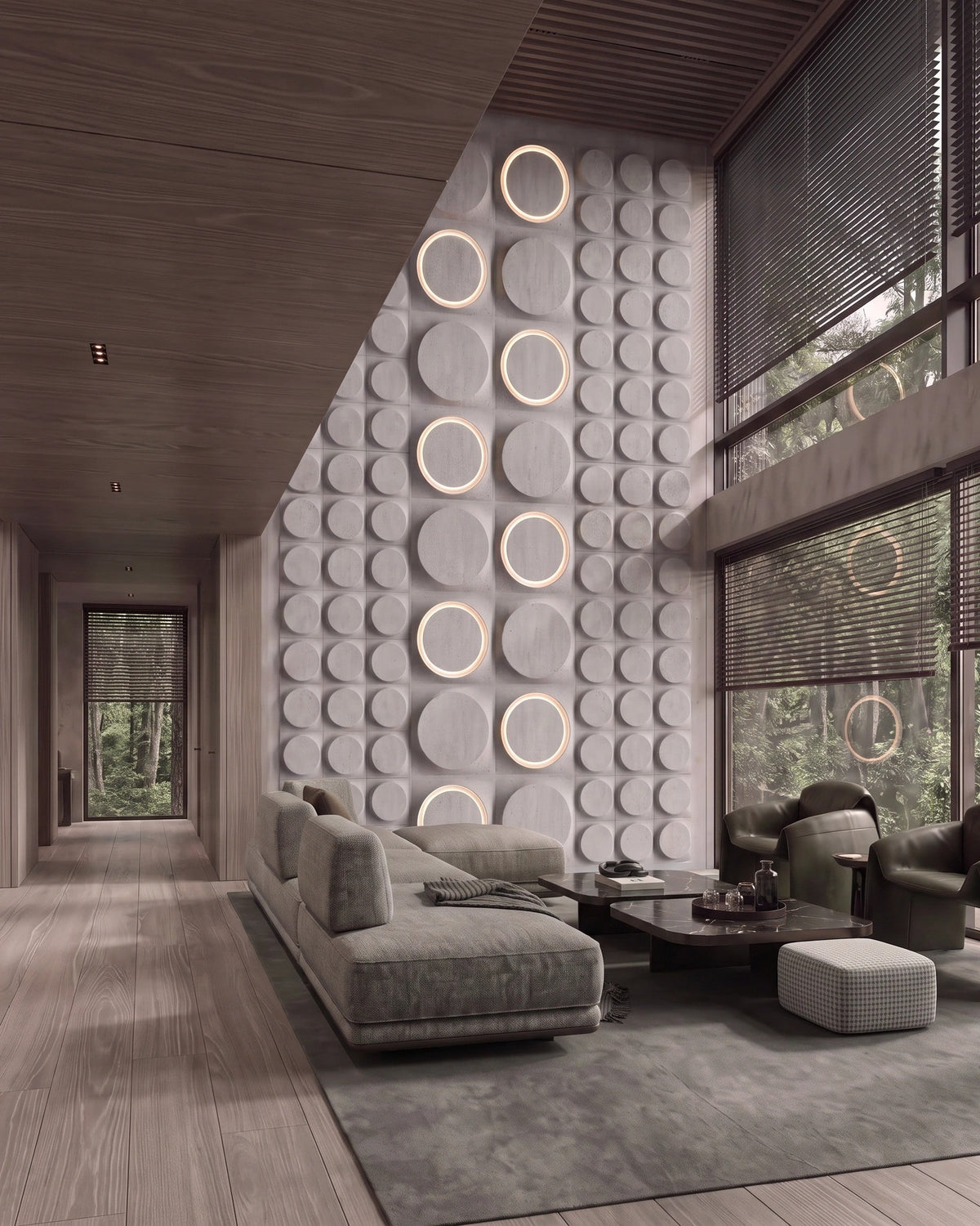COSMIC 0012 gypsum 3D wall panels in large and medium format on a daylight living room feature wall