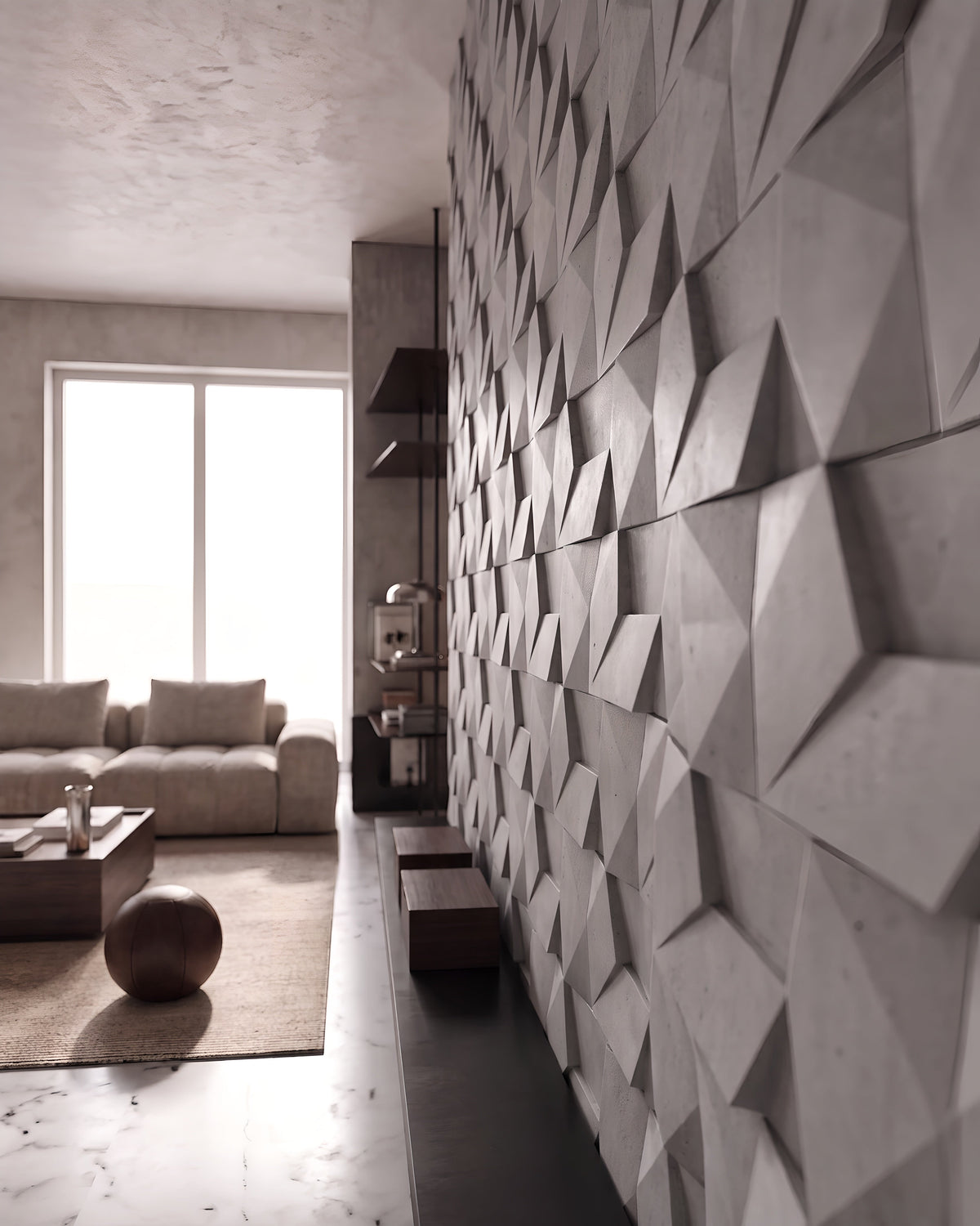 ORIGAMI 0024 gypsum 3D wall panels at a raking angle in a bright living room