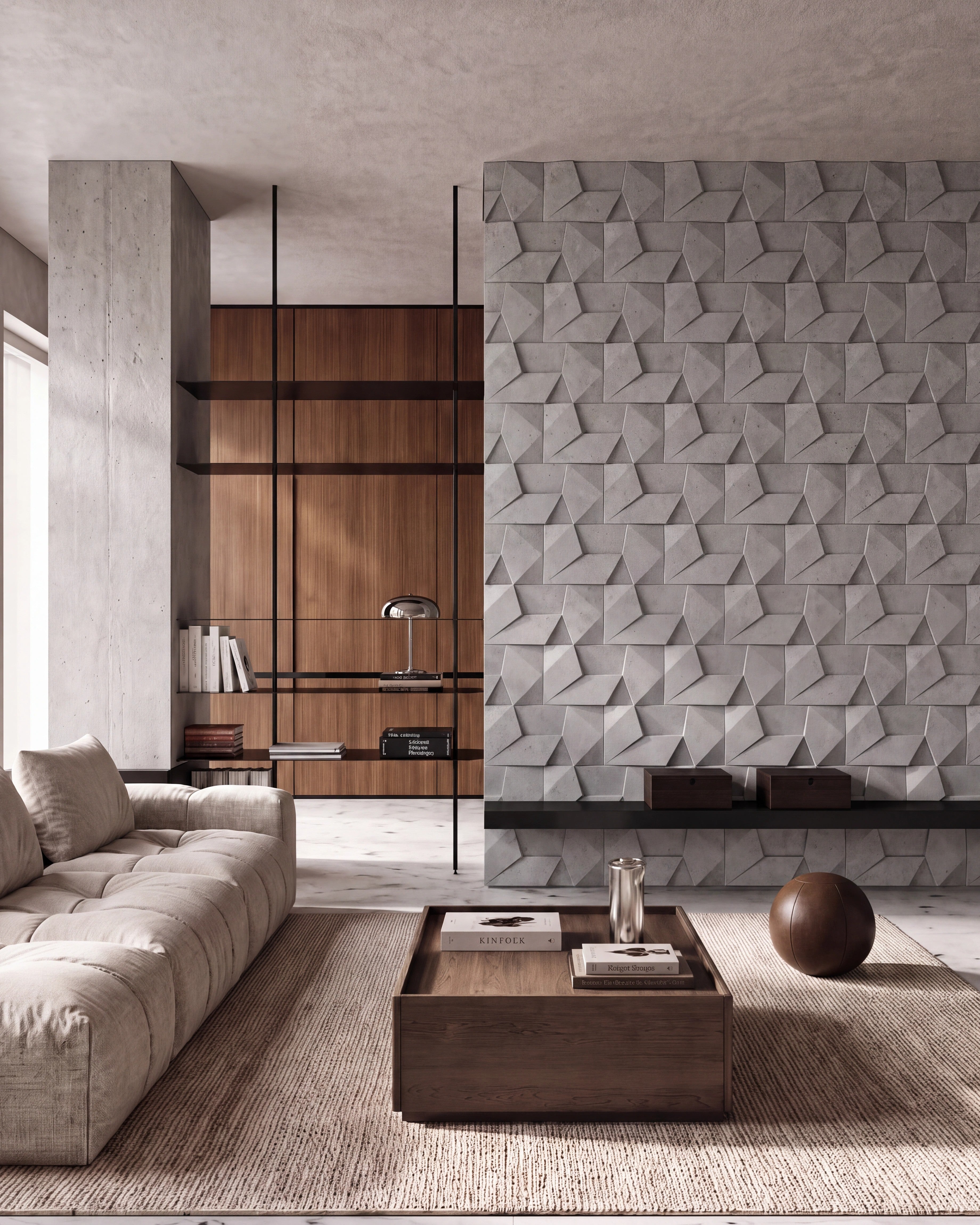Kandes ORIGAMI 0024 gypsum 3D wall panels on a living room feature wall beside walnut shelving