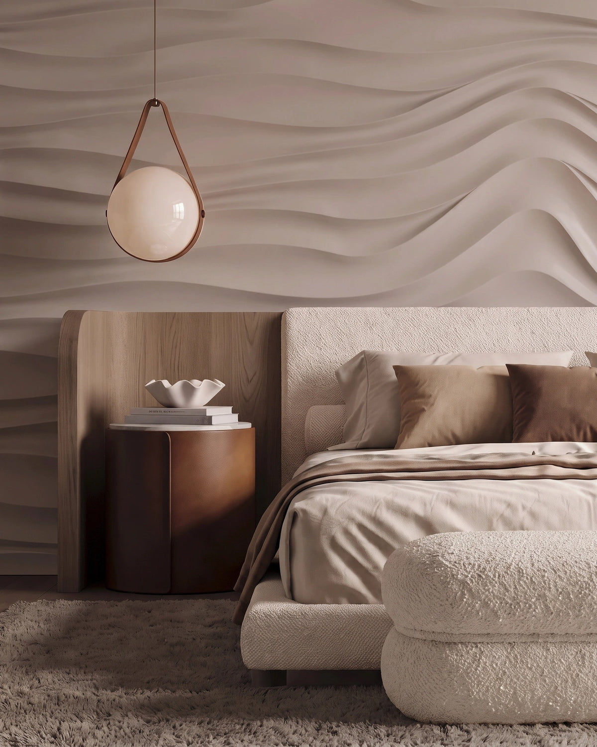 SURF 0077 gypsum 3D wall panel wave relief above an upholstered bed