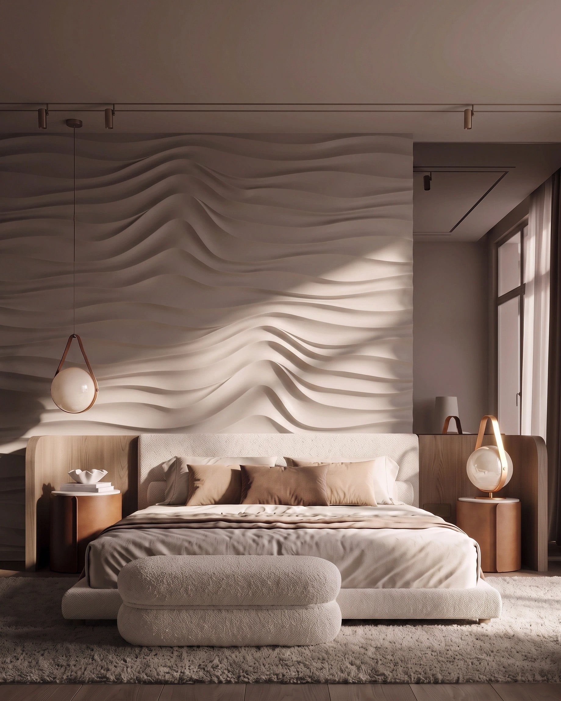 Kandes SURF 0077 gypsum 3D wall panels in raking light above a bedroom headboard
