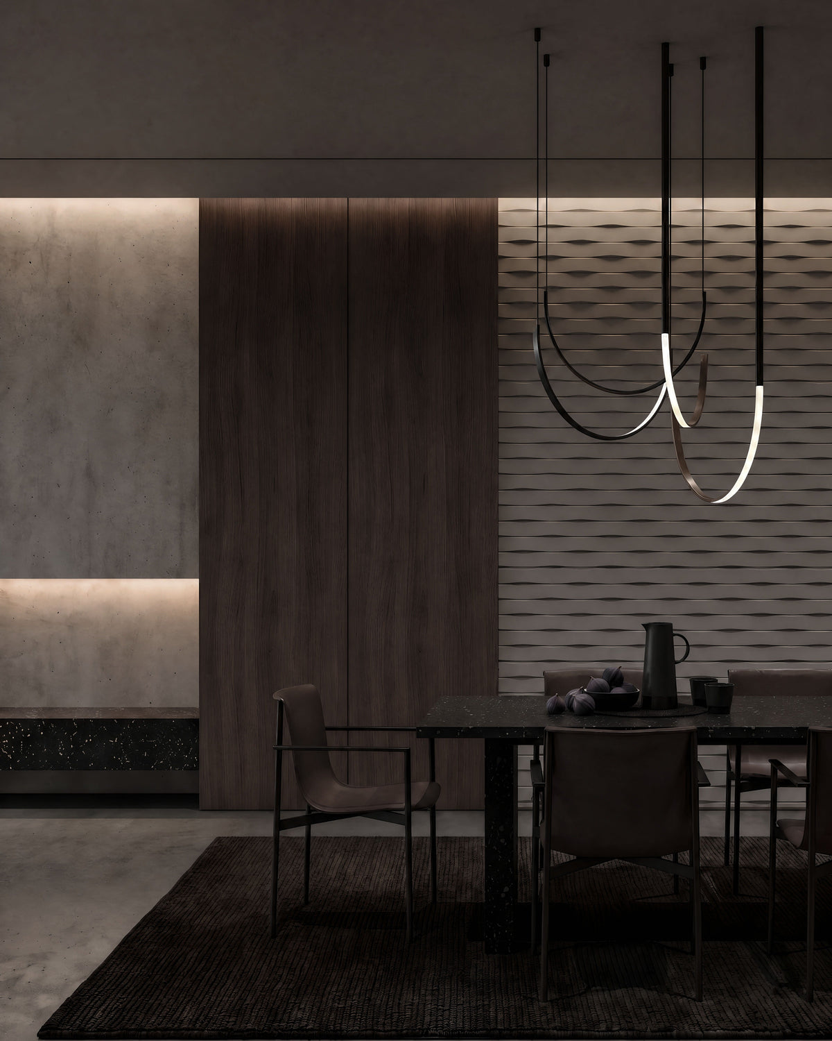 Kandes WEAVE 0115 gypsum 3D wall panels in a dining room with sculptural pendant lights