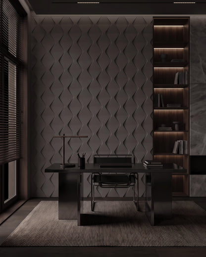 ROMBO 0118 gypsum 3D wall panels behind a dark desk in a home office